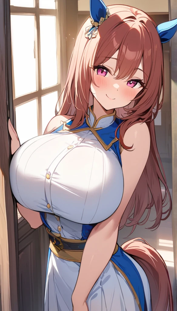 one Rebecca, ((long brown hair)), ((blue eyes)), ((large boobs)), ((sexy hourglass figure)), naked but pixelated