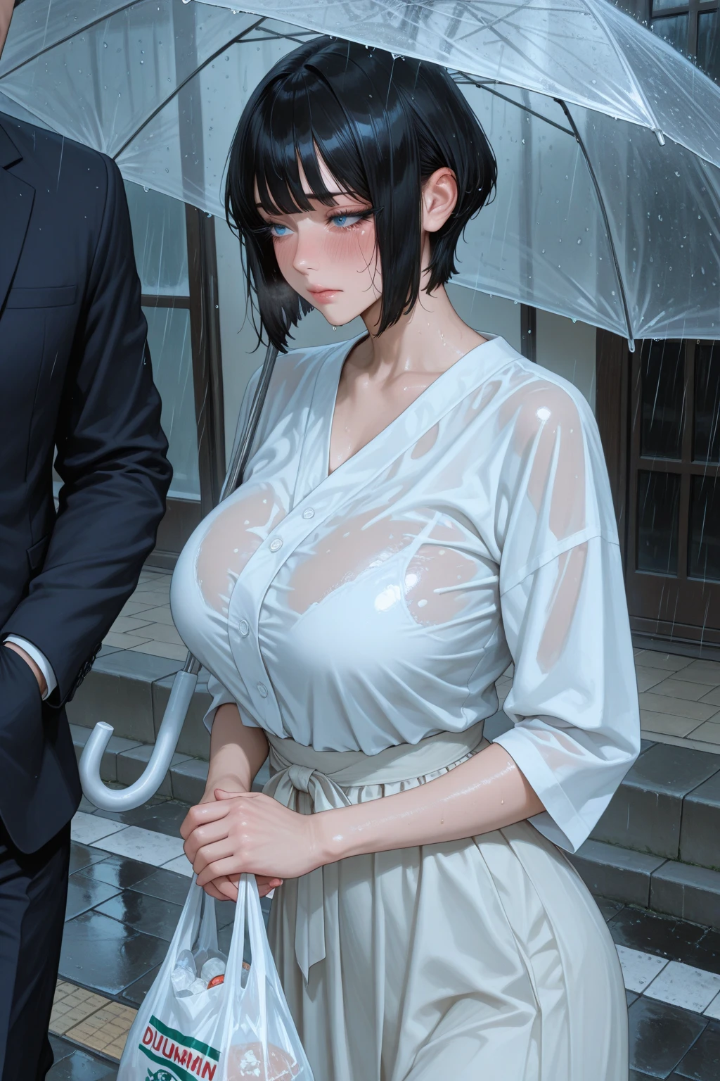 (8k, top quality, masterpiece: 1.2), (realistic, photorealistic: 1.37), super detailed, girl 1 person, 37 years old, solo, huge breasts, beautiful detailed sky, Detailed café, night, (blush), (smile: 1.15), (closed mouth), small, (shirt with collar: 1.1), night, wet, office clothes, rain, white lace, (short hair: 1.2), floating hair NovaFrogStyle, random sexy poses, full body
