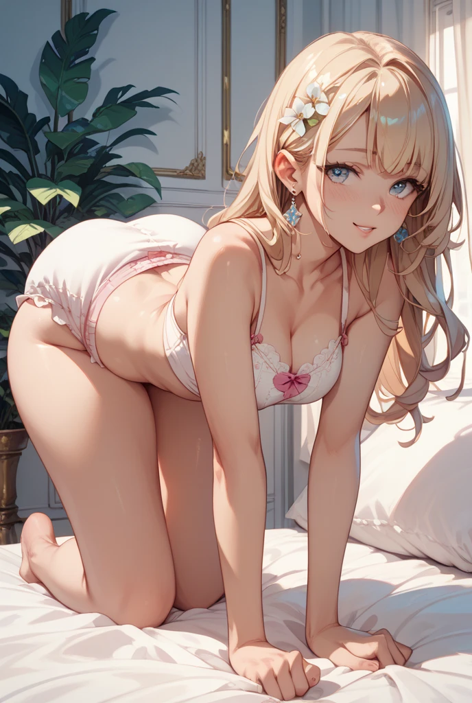 muste piece、highest quality、High resolution、nffsw、perfect pixel、1 girl、cute、perfect body、anatomically correct、beautiful eyelashes, realistic eyes、smile、((Clear pink heart pattern bra))、((Clear pink heart pattern panties))、wearing only underwear、Smooth texture:0.75、blue sky outdoors、I can see your panties、I can see your bra、bright overall、cinematic light、angle from behind、(Turn your buttocks towards you)、blonde、blue eyes
