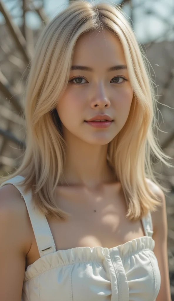 Realistic , beautiful blonde woman facing forward looking directly forward
