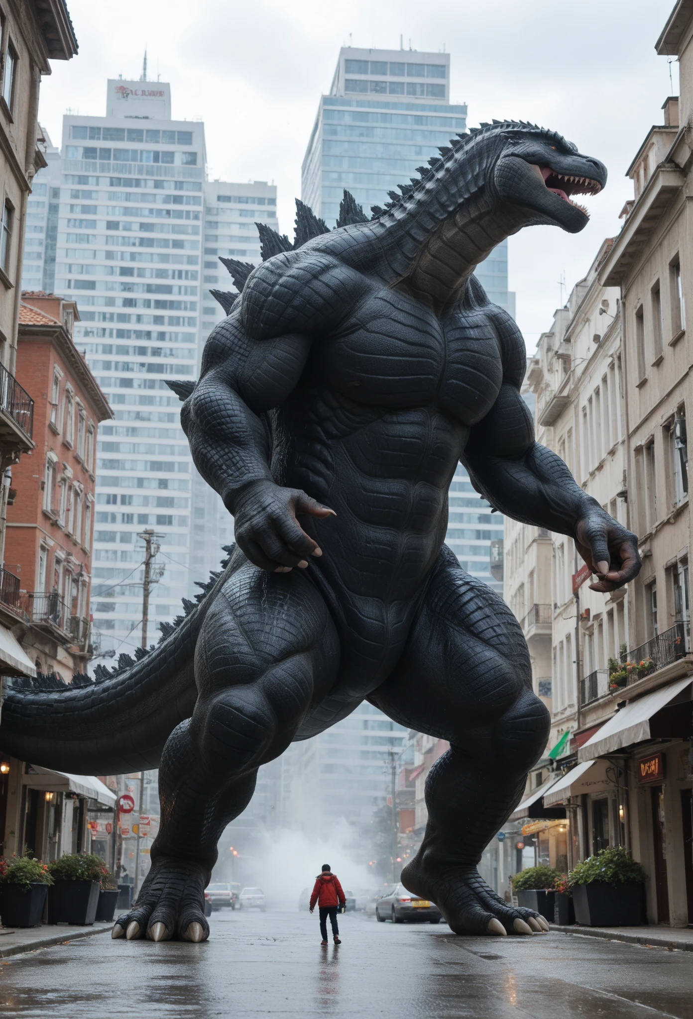 A harmless and kind giant monster, qui traverse une grande ville