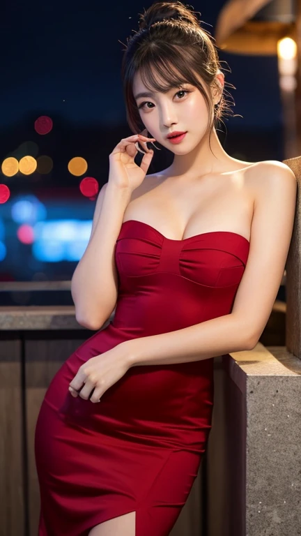 Beautiful lashes、High resolution face、Dresses with decoration、Wear a knee-length skirt、zoomout、Night view、22 only、Knee-deep angle of view、red dress stay piece, Best Quality, Illustration, Ultra-detailed, finely detail, hight resolution, 8K Wallpaper, Beautiful detailed eyes, Random and cute hairstyles, C cup breasts, Natural Color Lip