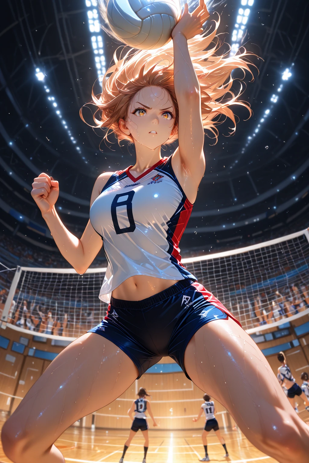 masterpiece:1.2, best quality), realistic, (real picture, intricate details, depth of field), (1girl, solo), make up, parted lips, highly-detailed, perfect face, (huge breasts:1.4), (skindentation), thick thighs, wide hips, small waist, tall, glossy coral lips, red hairs, red eyes, ponytail, (A girl playing volleyball, white volleyball uniform), (sweating:1.2), (wet), sexy, blushing,