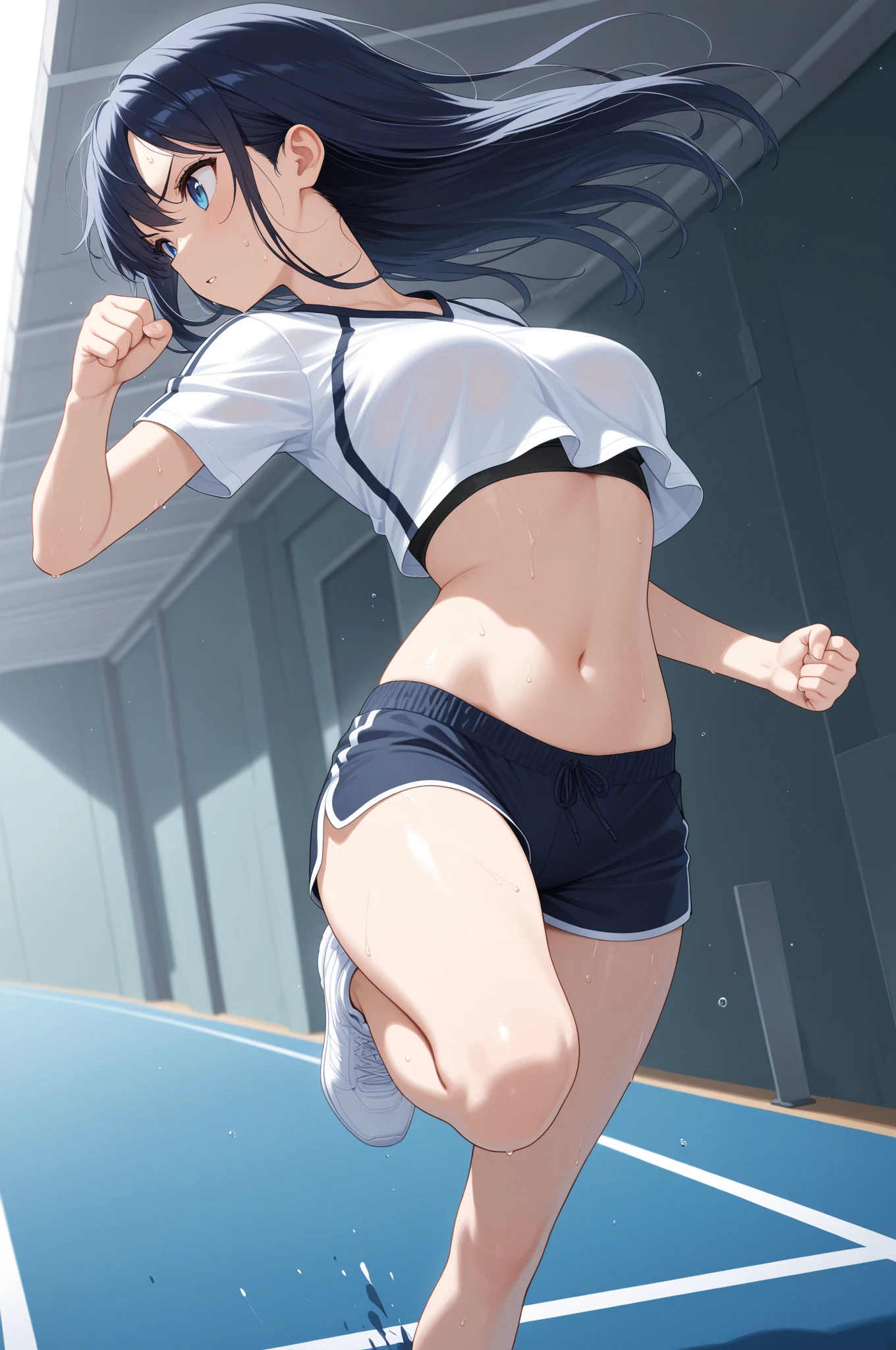 girl, sweat, steam, medium , shy, detailed hand, looking at viewer, light smile,