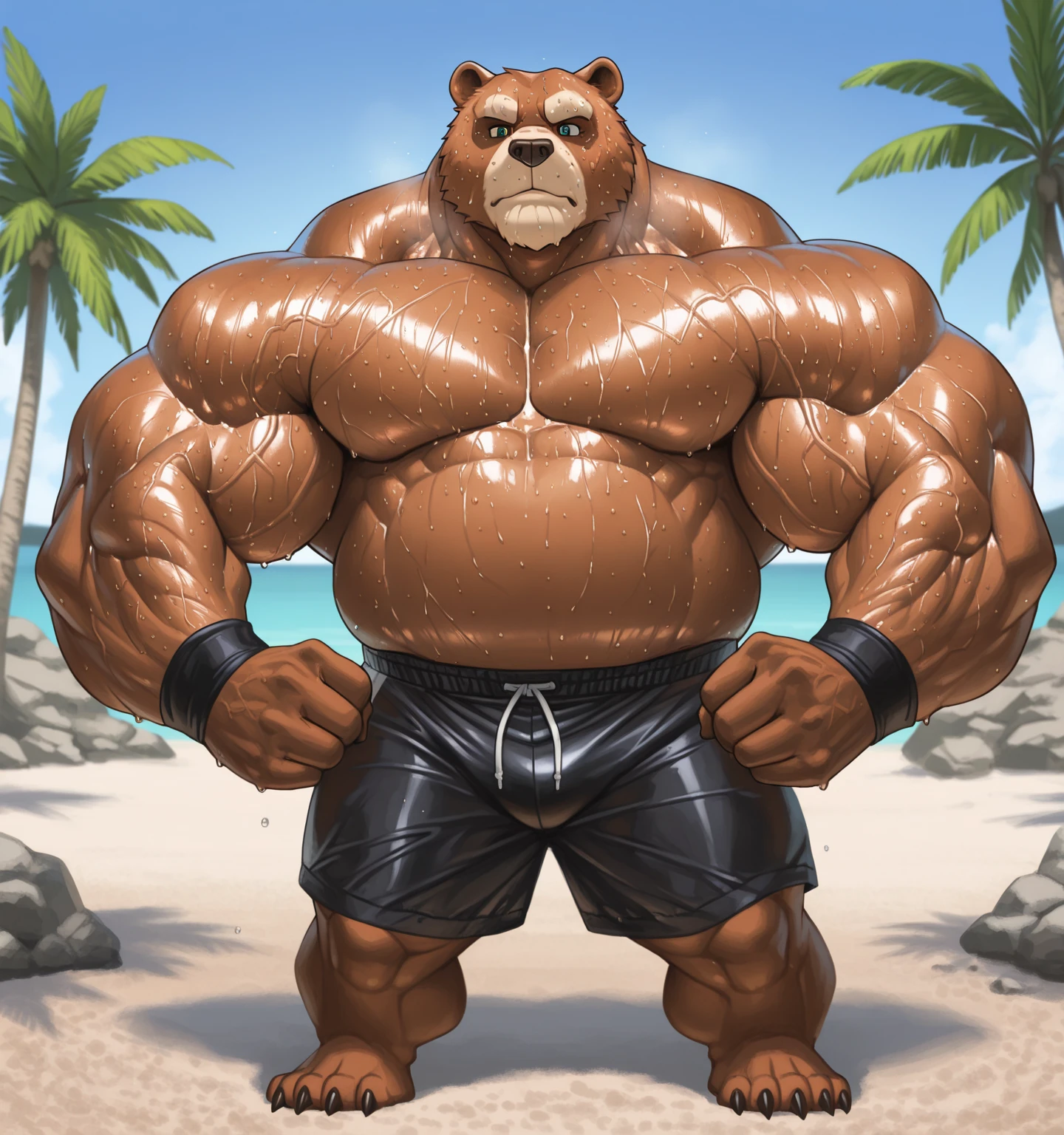 male, anthro, muscle, (kemono), (grizzly bear), brown fur, pumped body, red swim trunks with a cross, lifeguard, sunglasses, beach, half length portrait, by bara, detailed beach background, light particles, hi res, bara