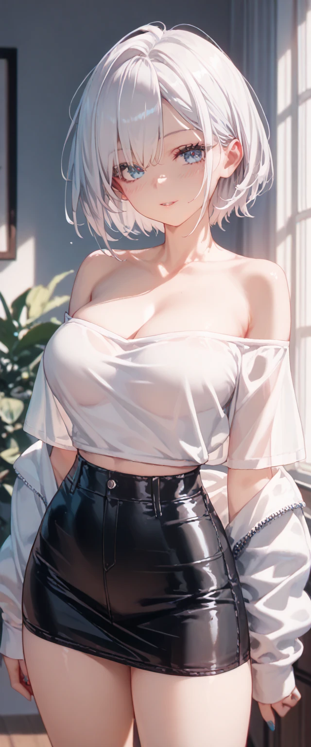 NSFW, (8k, RAW Photos:1.2), 1 Girl, Gray Hair, Best Quality, Ultra High Resolution, Cinematic Lighting, Motion Blur, (Realistic:1.4), POV ,(Solo:1.1), (Looking at the Audience: 1.331), (Parted Lips: 1.1), (Eyelashes: 1.1), (Happy: 1.21), (Depth of Field: 1.1), Lens Flare, (Chromatic Aberration: 1.1), (Caustics: 1.1), (Scattered Glow Petals: 1.331), ulzzang-6500-v1.1:1.2, large sweater, (short denim), in water, off-the-shoulder, crop top , short jeans, tie hair into a ponytail, touch head, silver hair, bubble ass, expose, thigh socks, lace, ((straps)), ((nudity: 1.2)), necklace, earrings, show ass, empty shoulders, backpack, (random color)