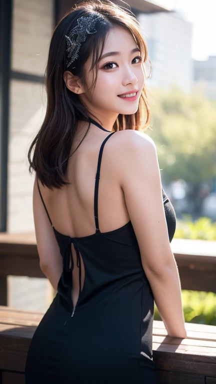 ((Realistic lighting, Best quality, 8K, Masterpiece: 1.3)), Clear focus: 1.2, 1girl, Perfect body beauty: 1.4, Slim abs: 1.1, ((dark brown hair)), (Aqua dress: 1.4), (Outdoor, night: 1.1), City street, Super fine face, fine eyes, double eyelids, back cutout, beautiful back