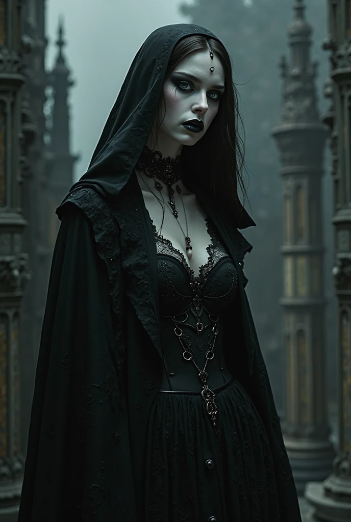 gothic woman in black leather outfit standing in front of a cemetery, vampire queen, female vampire, beautiful vampire queen, beautiful vampire female queen, vampire of clan lasombra, woman vampire, vampire fashion, vampires fantasy, victorian vampire, gothic horror vibes, goth woman, female vampire warrior, dark goth queen, gothic fantasy art, dark vampire, scary queen of death
