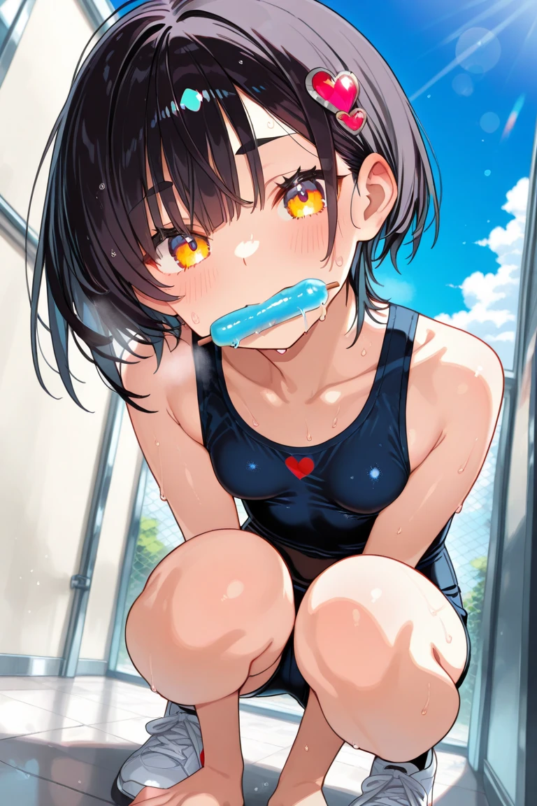 On a train, a is the checkered skirt of a girl who is , wearing floral , has , has short black hair, small , and is crying in disgust.