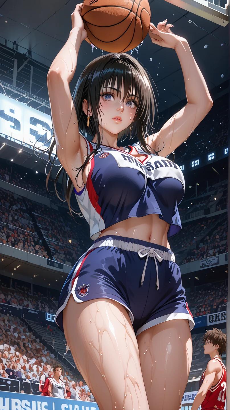 ((((perfect anatomy, super detailed skin)))), 1 girl, japanese, 16 years old, volleyball player, shiny skin, watching the view,
beautiful hair, beautiful face, beautiful detailed eyes, brown eyeiddle hair:1.4, ponytail:1.5),
beautiful collarbones, beautiful body, Beautiful breasts, beautiful thighs, beautiful legs, babyface, mole under eye, large breasts:0.5, seductive thighs, cameltoe,
((symmetrical clothinetallic, sleeveless, volleyball uniform, buruma)),
smile:1.5, sitting floor, ((((m leg, spread legeautiful scenery), morning, ((gymnasium)),
(8k, top-quality, masterpiece:1.2, extremely detailed), (realistic, photorealistic:1.2), beautiful illustration, natural lighting,