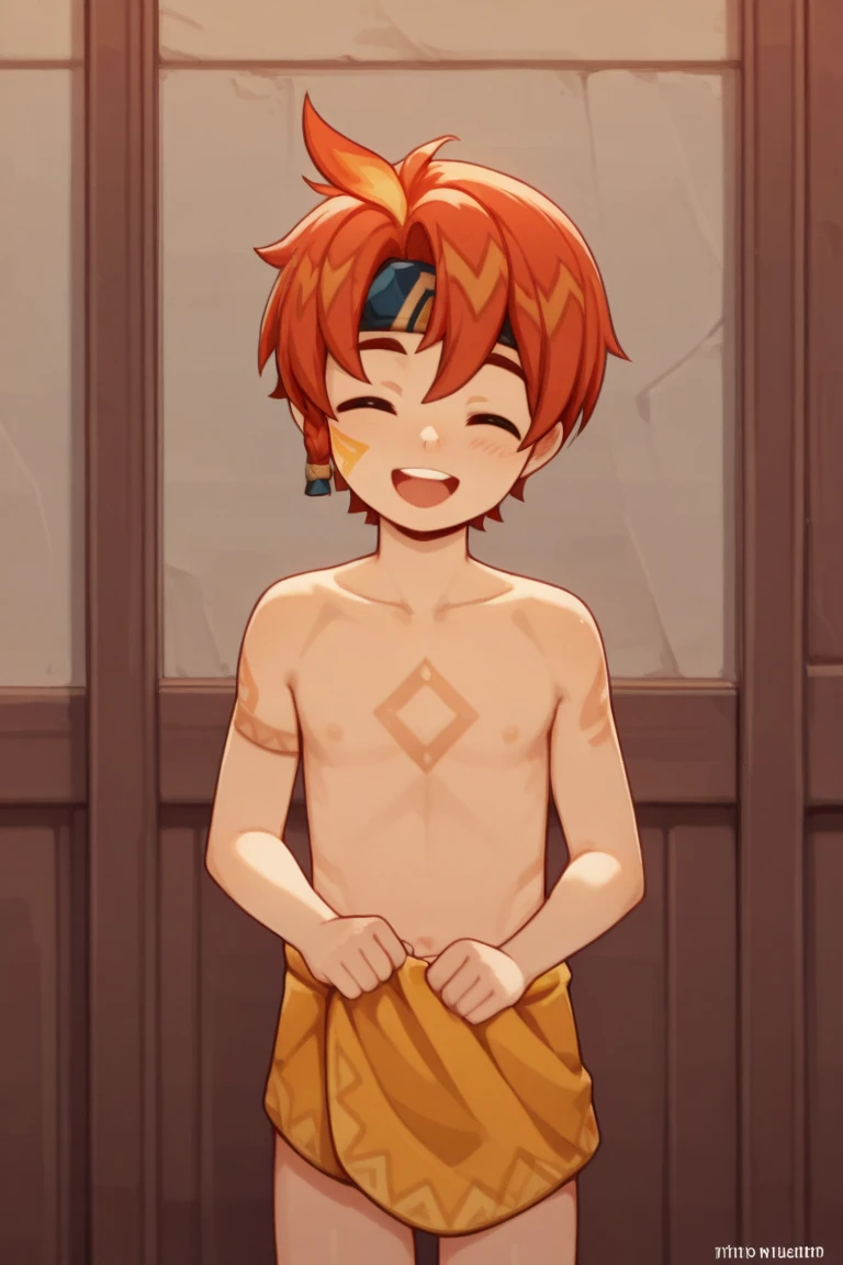 (Masterpiece), Best Quality , ultra-detailed, 1girl (Gwendolyn_Tennyson, breasts, orange hair, short hair, naked body, green eyes, half-closed eyes), a weary face,  smile,  solo, nose blush, blush,  facing viewer, looking at viewer, towel, naked towel,  undress, nipples, navel, pussy, wet body, in the  mountain cabin, room, window, night time,  standing, Sexy waist teasing,  undressing, love juice flows out of her,   from_below 