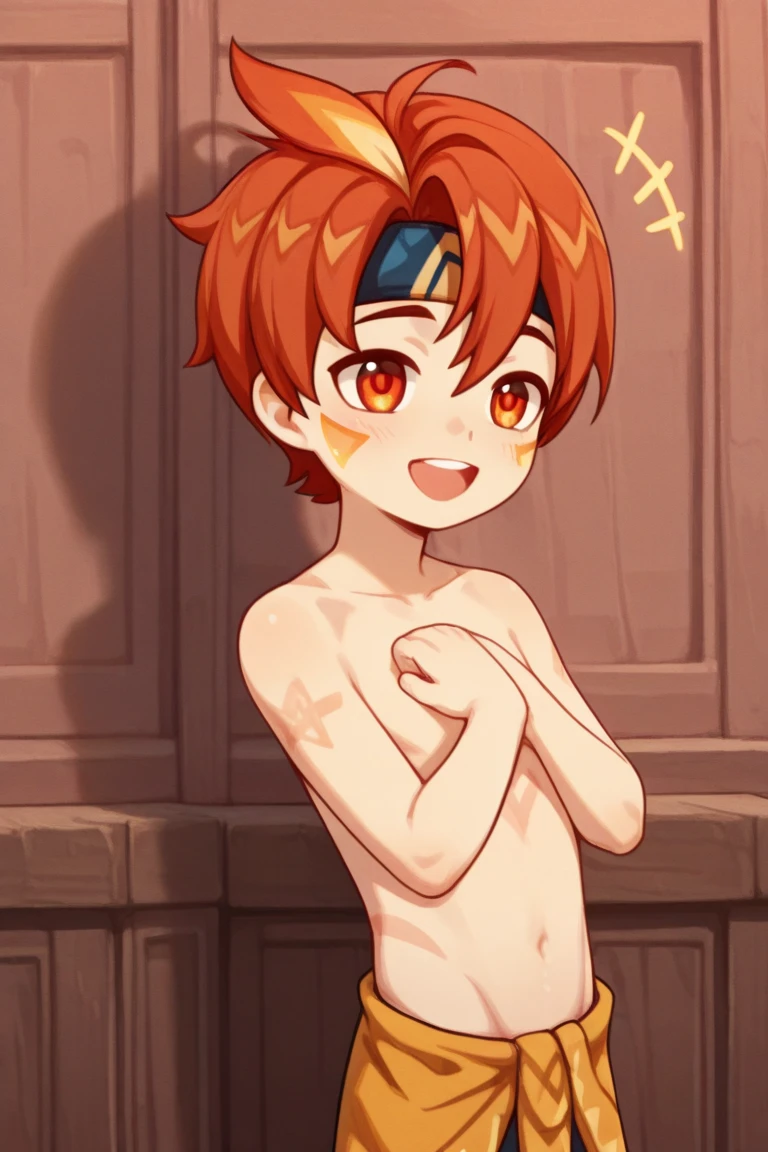normal body, cute boy, orange hair, spiky hair, short hair, bangs, blue eyes, cat ears, cat tail, shota boy, blush, nude, have small penis, use choker, grab a big penis