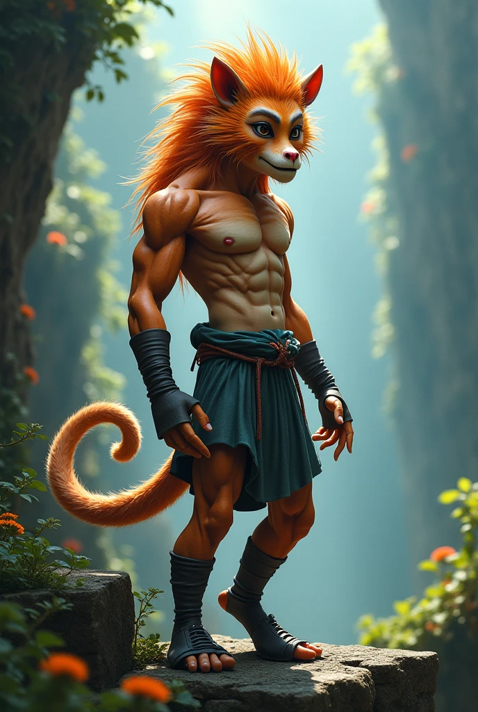 A very muscular wizard child, half human half cat, realisitic