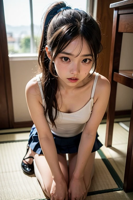 top-quality、​masterpiece、1 little girl、A slender、length hair、small tits、camisole、hyperdetailed face、Detailed eye、二重まぶた、Denim Mini Skirt、knee high socks、full bodyesbian、without background、Beautiful abs、a navel、Looking up from a low angle