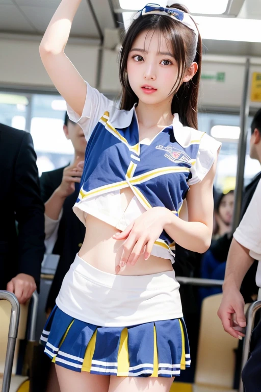 A large group of Japanese schoolgirls in short uniform skirts and open cropped tops