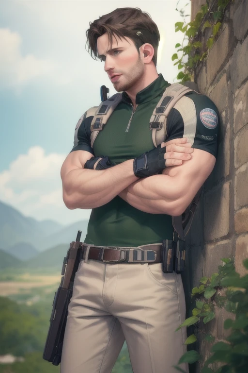 (masterpiece, best quality:1.2), <lyco:residentevil_chrisredfield-11:1.0>, cowboy shot, solo, male focus, 1boy, chris redfield, muscular male, looking at viewer, crossed arms, green taut shirt, white pants, (fingerless gloves:1.1), belt