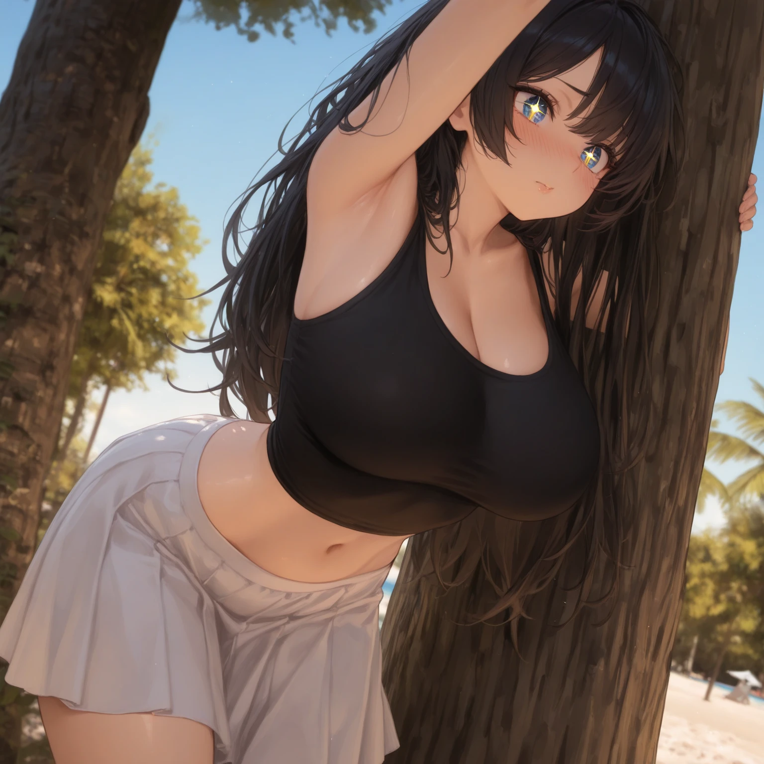 midriff, Top view, look up to, drenched, Perfect female body, woman, light brown hair, ,D, large breasts, overexposure, dusk, dusk sky, sunset,