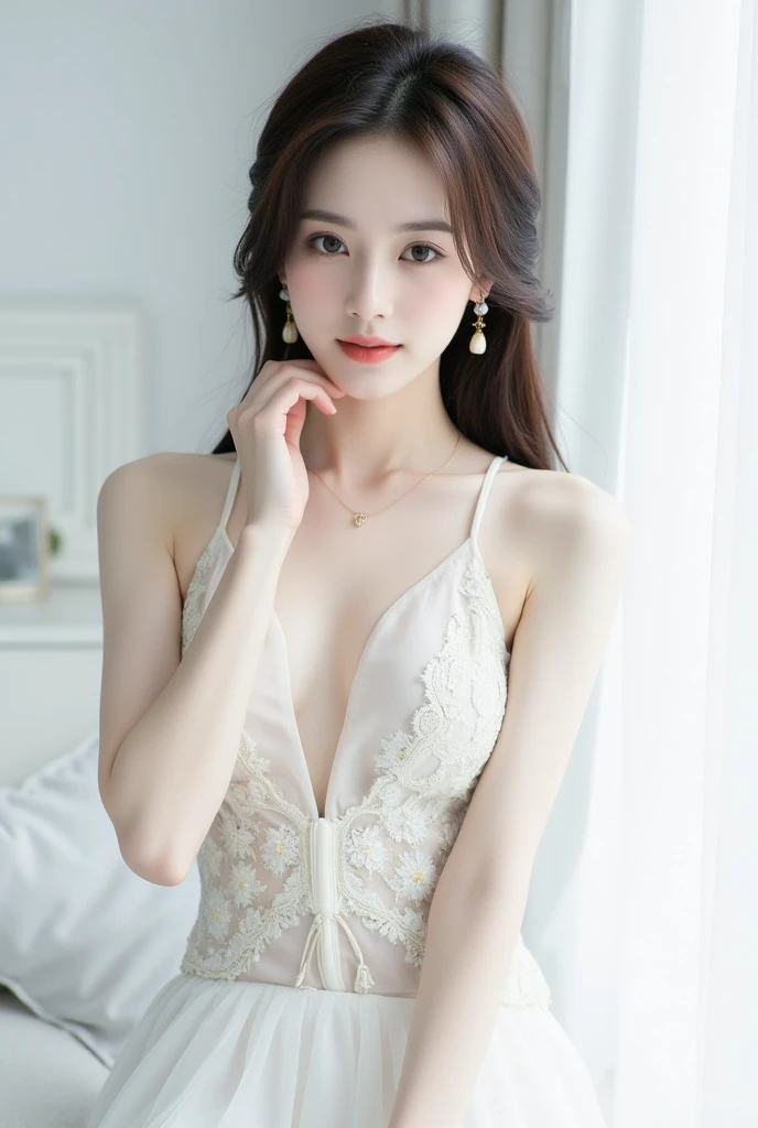 Transparent dress with floral pattern、medium breasts、valley、A beautiful woman with a sense of transparency、cute、highest quality、smile、upper body up、white curtain on background