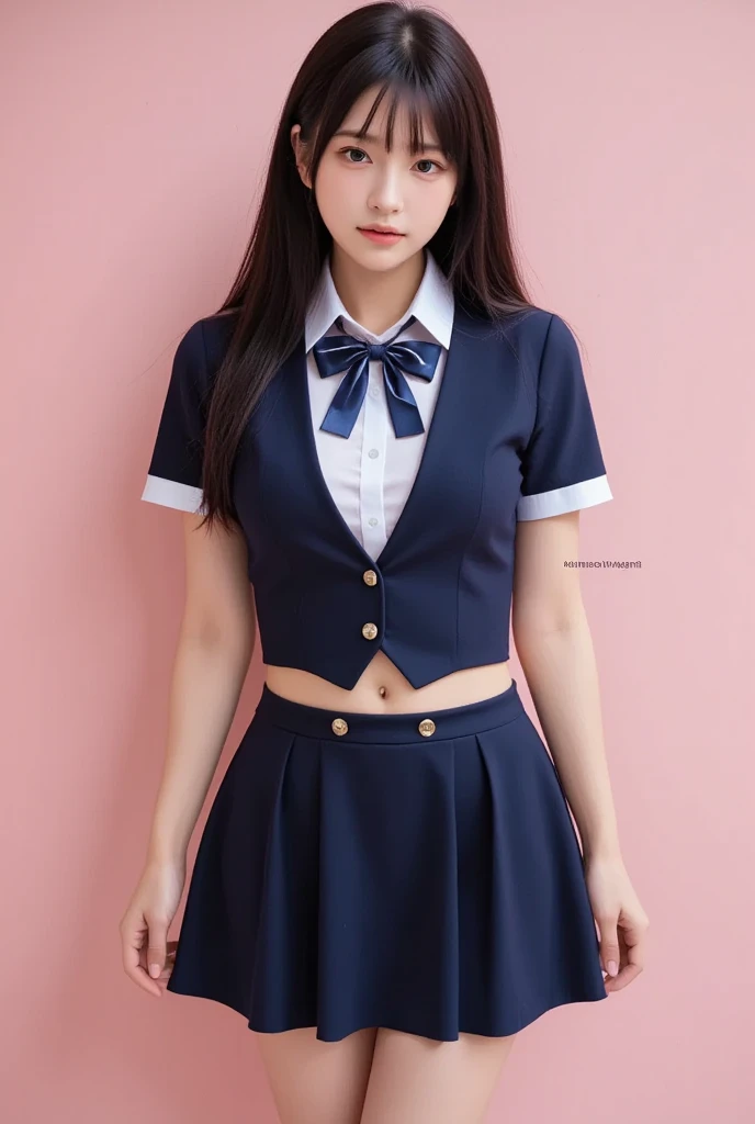 top-quality、​masterpiece、1 girl in、A slender、Smaller chest、Summer uniform、hyperdetailed face、Detailed eye、二重まぶた、pleatedskirt、full bodyesbian、without background、Beautiful abs、knee high socks、a navel
