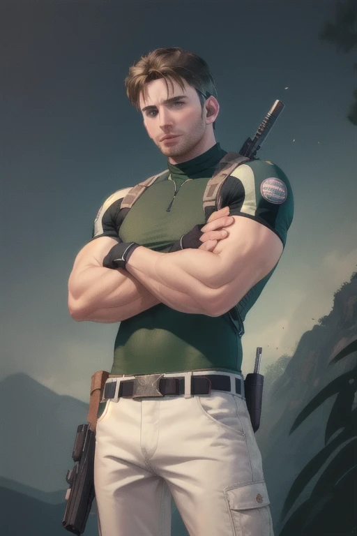 (masterpiece, best quality:1.2), cowboy shot, solo, male focus, 1boy, chris redfield, muscular male, looking at viewer, crossed arms, green taut shirt, white pants, (fingerless gloves:1.1), belt