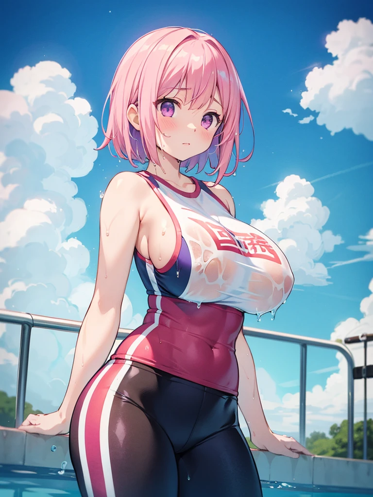 ((Tabletop, Highest quality, High resolution, Hmph, Pixel perfect, Depth of written boundary, 4K, )), One Girl, alone, , Beautiful Anime Girls, Beautiful art style, close, Looking up at the viewer, Perfect body, yuigahama yui, short hair, Single hair bun, Pink Hair, (Large Breasts), Blush all over face, smile, Thighs Thighs Thighs Thighs, Race Queen, Cleavage, White Background, hands on knees, Shooting from above, concentrated,