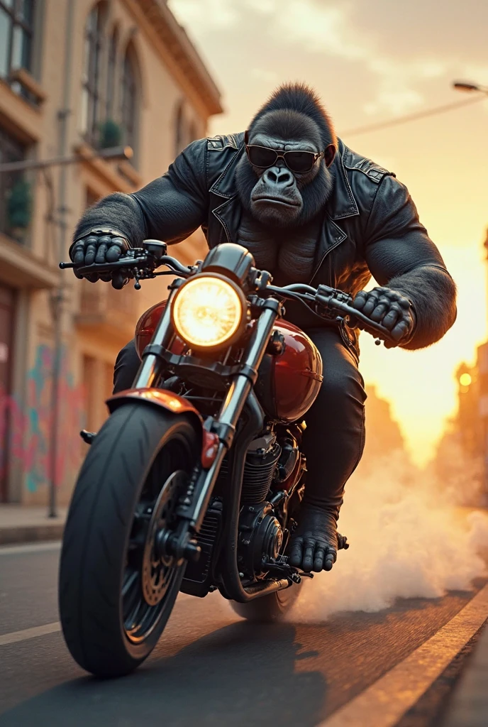 Masterpiece, (Super Detailed), (Animal Anthropomorphism), Gangster Theme, Chimpanzee, Jacket, Dim Light Motorcycle Riding, Tattoos, Machine Gun, Smoke, Shadows, Destroyed Cityscape, Highest Quality, Solo Focus, (lean: 1.04), muscular man, full body, intricate.， Lee Jeffries Nikon d850 film stock photography 4 camera kodak portra 400 f1.6 lens rich colors hyper realistic realistic texture dramatic lighting unreal engine trends on artstation cinestill 800 (vignette: 1.3), Filmgrain