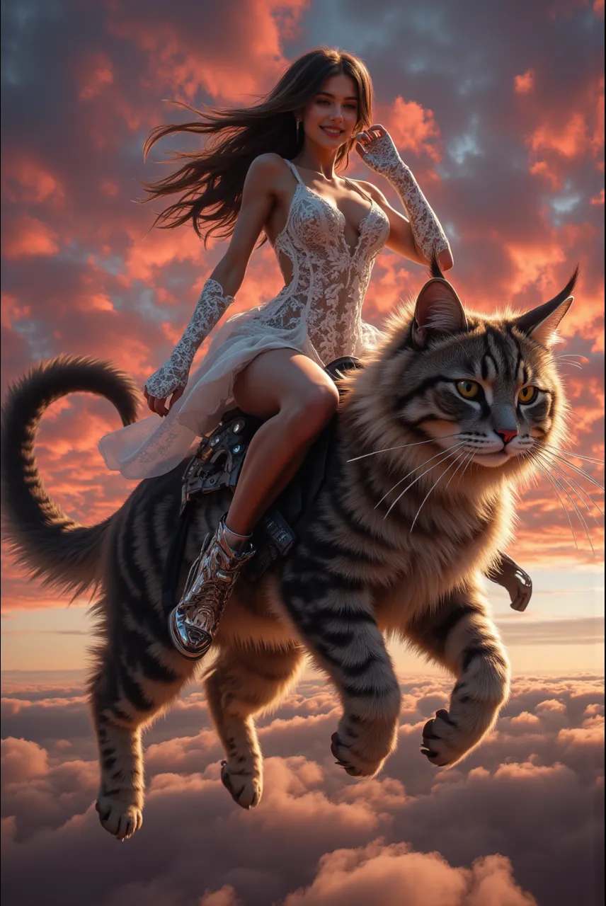 Indescribably sweet, Graceful girl with long hair, fluttering in the wind, completely naked without clothes, completely naked, Naked with no clothes at all;, Eyes sparkle, The expression of happiness on his face, nice smile; Riding a big fluffy Siberian cat, Realistic cat, Gallop into the screen, Feeling the speed of movement; high quality textures, higly detailed, realistness, Cartoon style, fairytale, Completely in the frame, hight resolution, Realistic Proportion