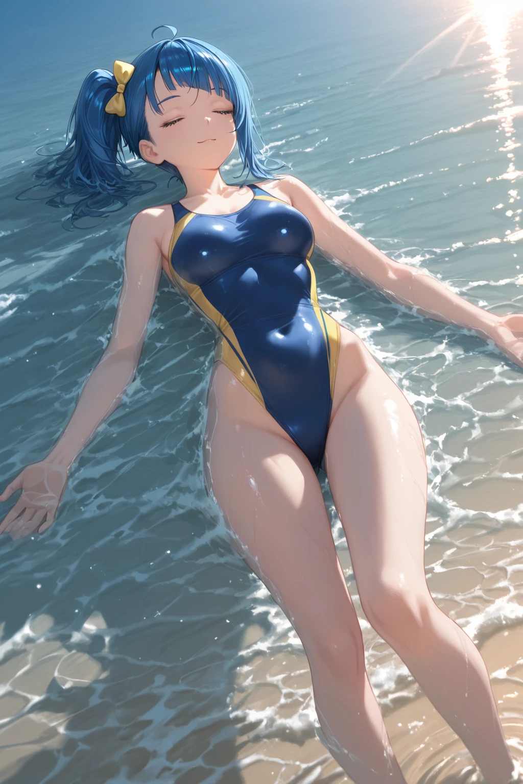 Absurd, Super detailedな,(In 8K:1.3),Masseter muscle area,(masterpiece:1.2)、(Highest quality)、4K、Super detailed、(Movement Structure:1.4)、(Shining Lights）, High resolution, Best Quality、(One girl:1.4),Super detailedな,Bright colors、Treebreak Production Art,High-level image quality、Fine image quality、Intricate details,Volumetric Lighting,Realism BREAK、Profile、 Idol face、15 years old、Very beautiful face and eyes, Beautiful images、 natural make up、puffy eyes、catchlight eyes、deep detailed eyes、 (Big Tits)、(glossy skin :1.5), (Light blue hair,short hair、blunt bangs:1.2)、 (orgasm face), Dark navy eye color、 (A school swimsuit with a vivid texture:1.3), (super wet skin) 、(Breast bag)、 (beach with sea view),(Baby Face:1.5)、squatting、