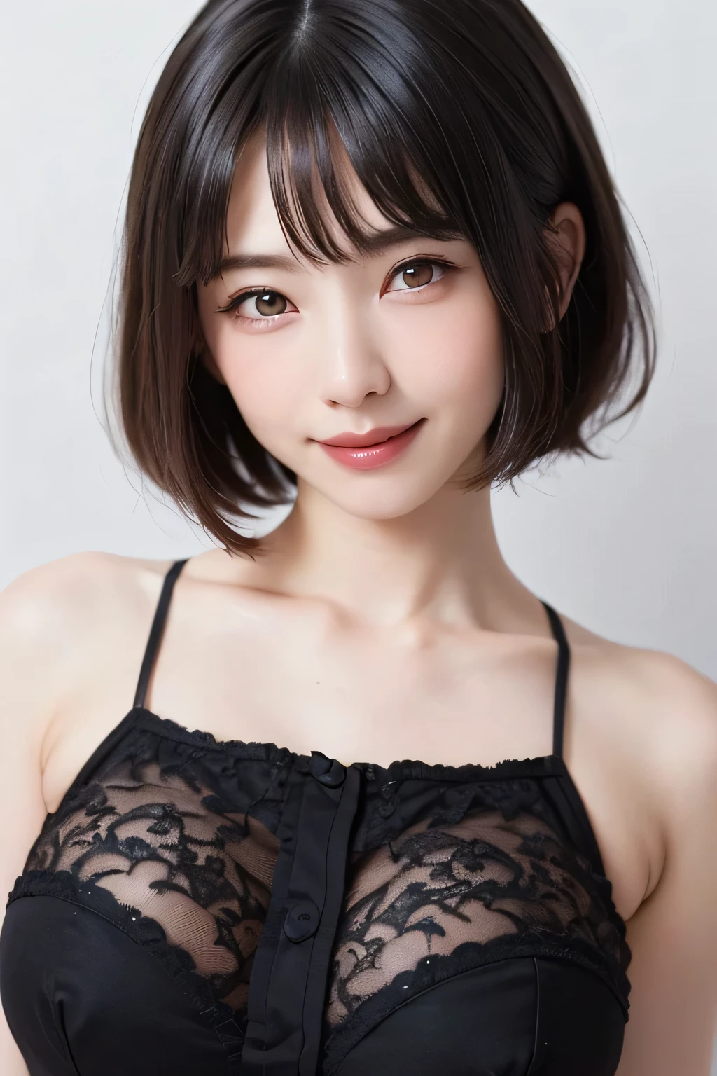 Japanese women、18-year-old, very cute, beautiful, (embarrassed:1.3), blush、anatomically correct, (highest quality:1.2)、high resolution、(Masterpiece:1.2), (8K, High resolution:1.2), (photograph, photorealistic:1.2)、Face is in focus、(Focused, symmetrical pupils:1.2)、Beautiful Skin、Natural Makeup、gross lip, High-definition hair texture, (looking at viewer:1.2), (short hair, messy hair:1.3), (multiple angles:1.2), (small breast, cleavage:1.2), (hugging one’s breast)