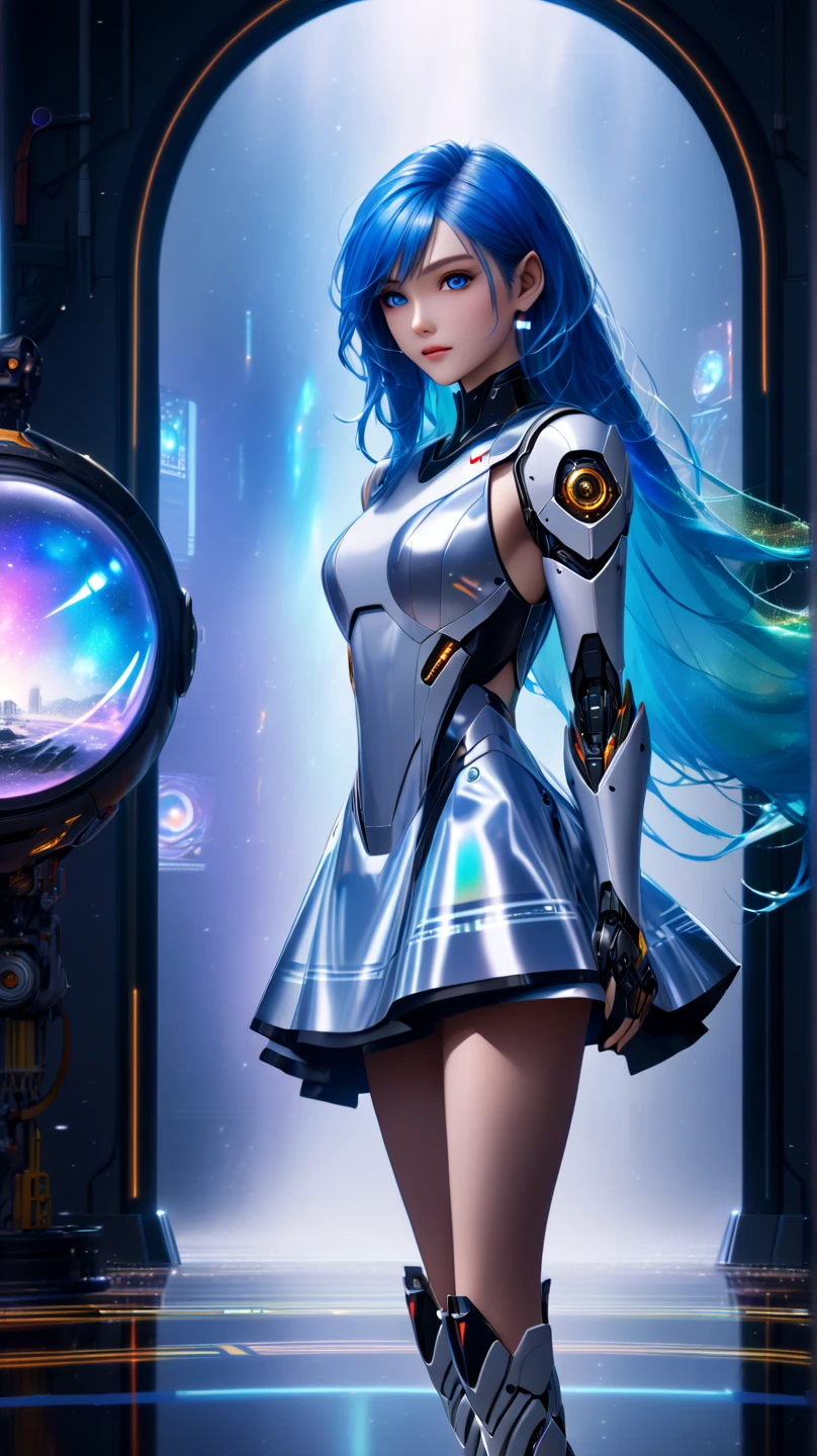 (Super elaborate CG Unity 8K wallpaper, masterpiece, highest quality): (Solo girl, solo, Japan face, 1 girl, sparkly blue colored eyes, blue hair, white and blue color flight suit, tight fit clothes, clothes that cover the whole body, beauty, gentle expression)