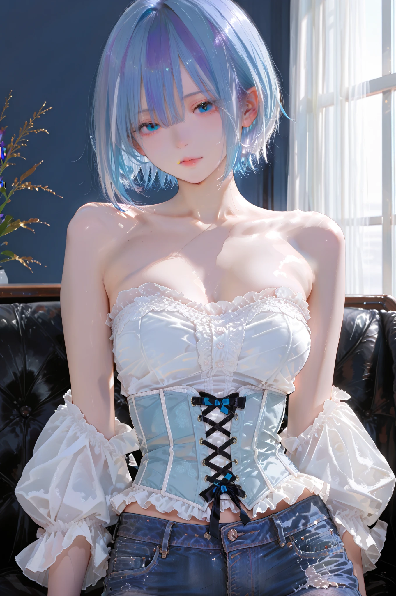 (best quality,ultra-detailed,photorealistic:1.37),tabletop,expressive eyes,perfect face,smiling,closed mouth,barefoot,blue hair,short hair,bare back,reclining,smooth nude skin of Madoka☆Magica's Miki Sayaka,sexy pose