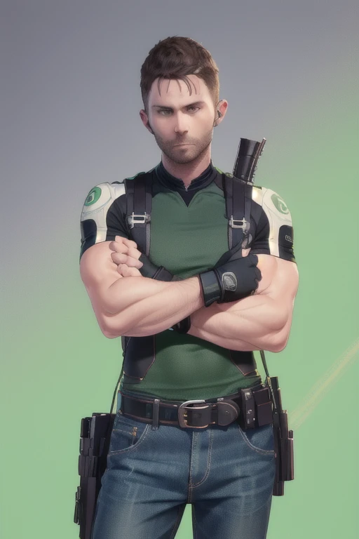 (masterpiece, best quality:1.2), cowboy shot, solo, male focus, 1boy, chris redfield, muscular male, looking at viewer, crossed arms, green taut shirt, white pants, (fingerless gloves:1.1), belt、Carrying a log、cool
