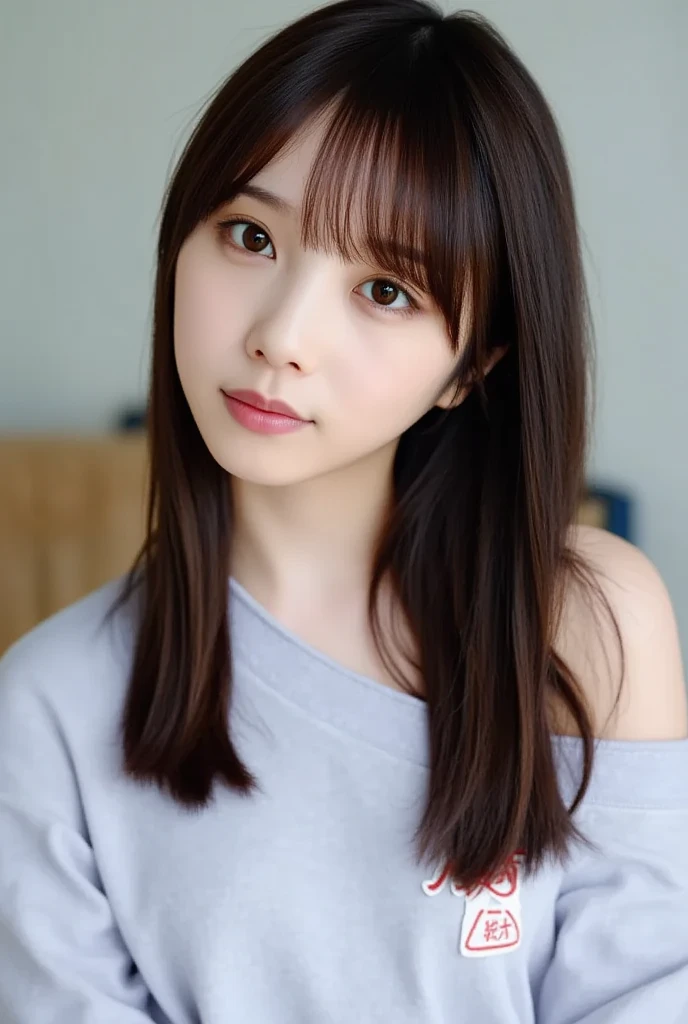 Smile、natta、Raw photography、(((Portrait of extreme beauty)))、((glistning skin))、女の子1人、17-year-old beautiful girl in Prague、bright expression、((brown haired))、(Show cleavage)、(oversized hoodie)、[Big blue eyes that shine like jewels]、Glossy glossy skin、Silky long straight hair、eye liner、Beautiful bangs、Hair between the eyes、((​masterpiece、top-quality、ultra-detailliert、Film Light、intricate-detail、hight resolution、ighly detailed))、细致背景、8KUHD、Digital SLR、Soft light、hightquality、Film grain、FujifilmXT3 、Shallow depth of field、natural soft light、Kamimei、beutiful breast、Turned around figure