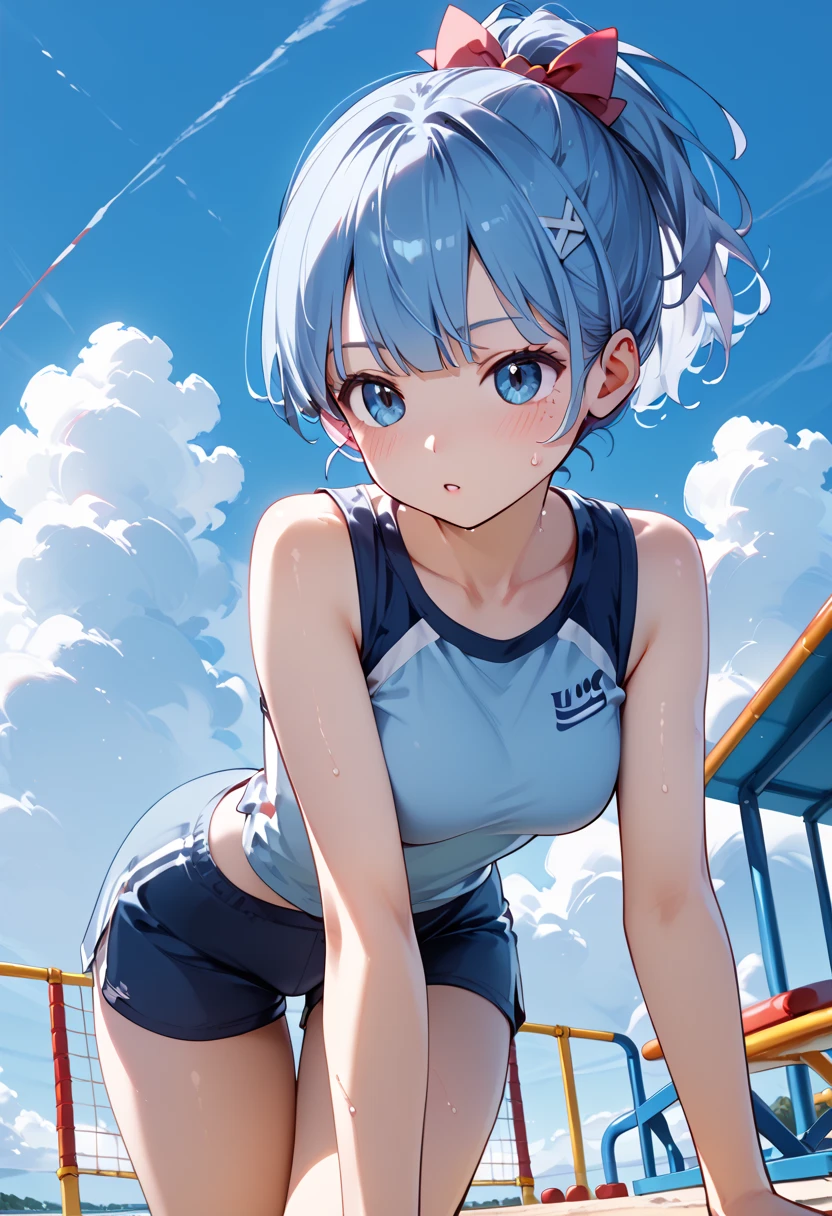 The girls1people、独奏、White polo shirt、White sneakers、Tennis Wear、White mini skirt、Um corpo inteiro、masterwork、maximum quality、Realstic、hyper detailed、(Glossy skin、be sweaty:1.4)、absurdres、is looking at the camera、slender、dinamic lighting、Highresolution、sharpening Focus、Depth-of-field、detailed eye、Sharp eyes、Realistic eyes、(thick thigh:1.0)、out door、sky、Light blue hair、a short hair、blue eye,Remu(Re:Zero)