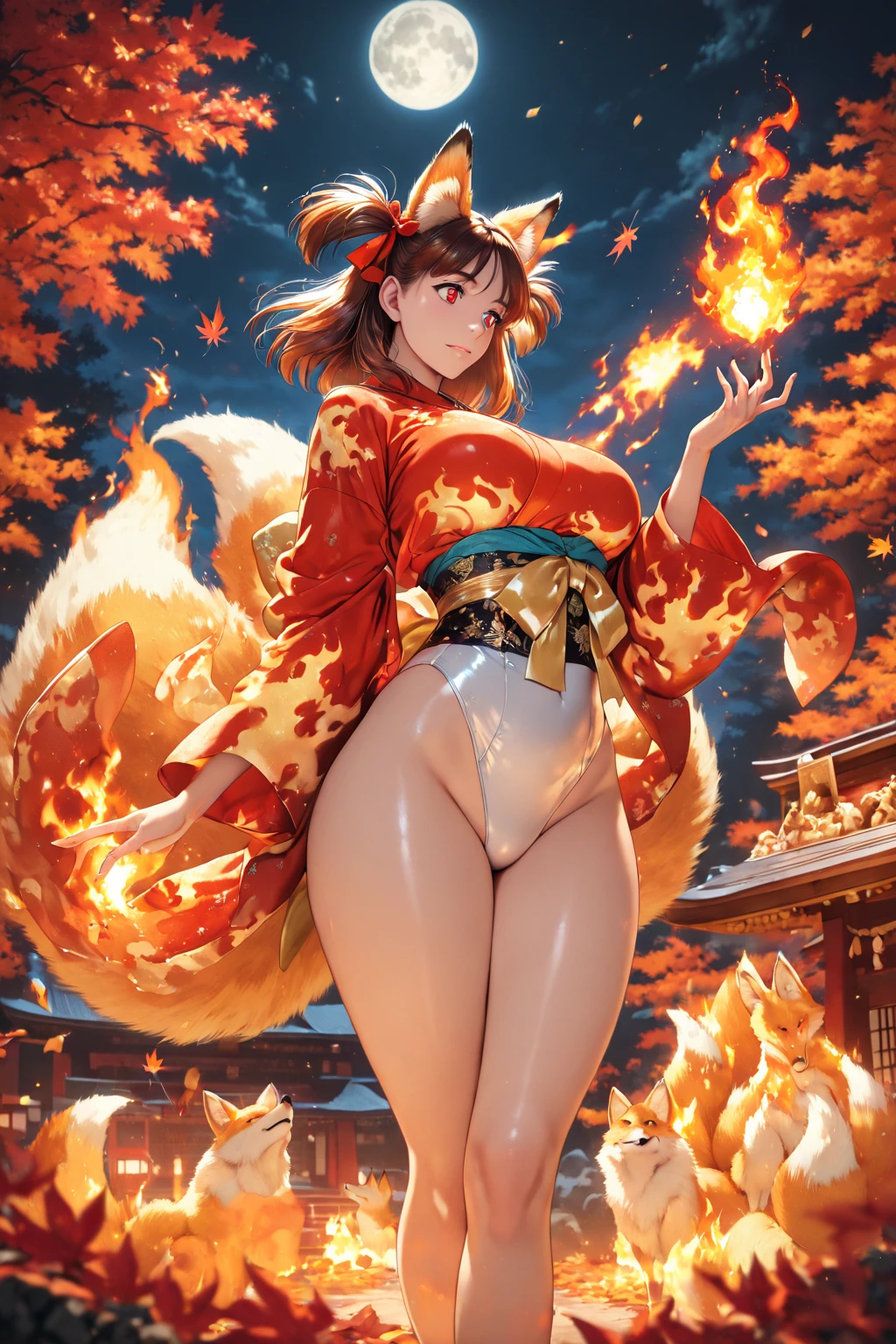 (((Ocher tattoo)))、(((naked)))、(((pubic hair)))、female organ、Beautiful beauty、short brown hair、((whole body))、(((Photo taken from below)))、night sky、The background is a night forest