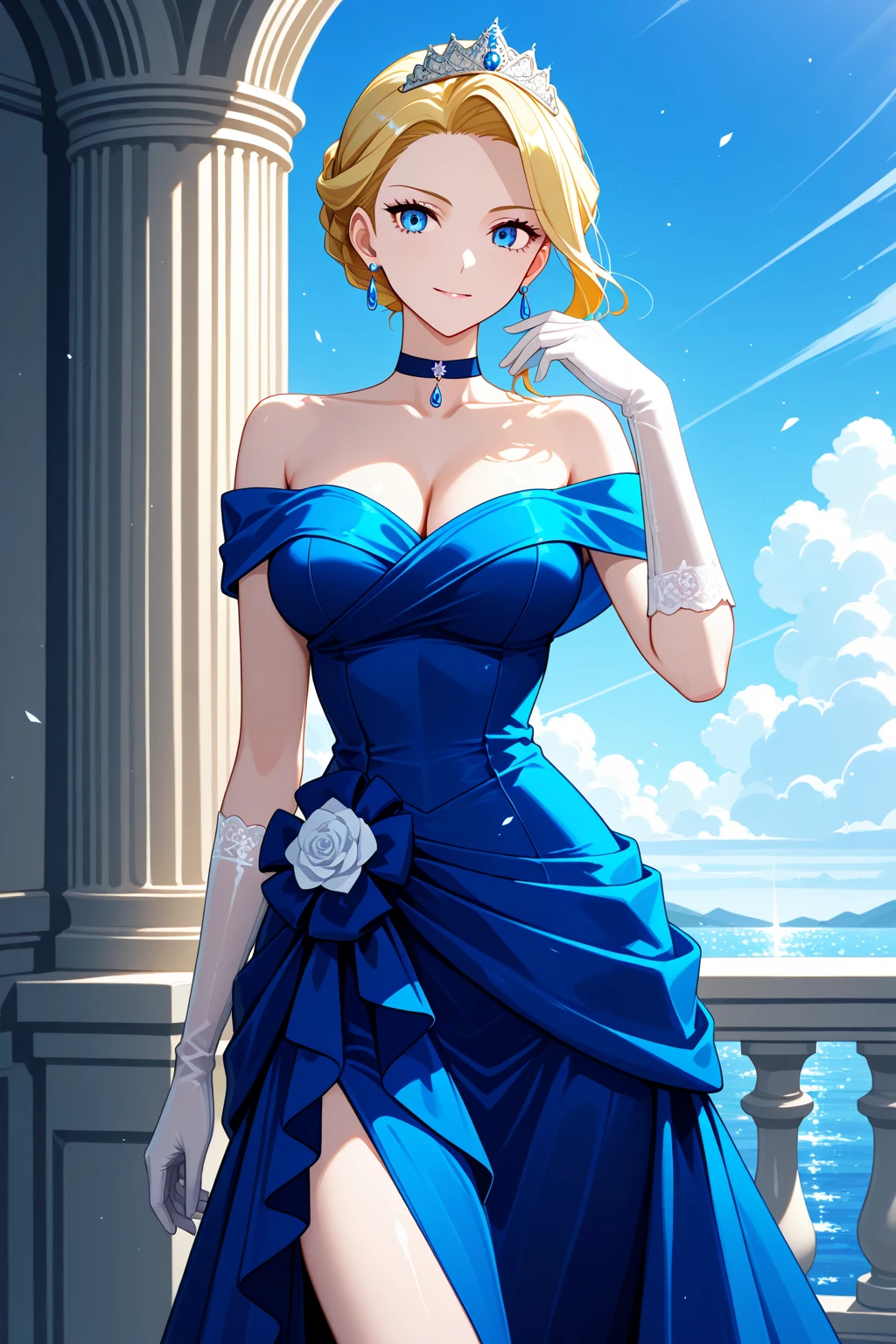 a male wear like Cinderella princess with a sexy blue dress, big breast, big butt, short blonde hair, 2.5D