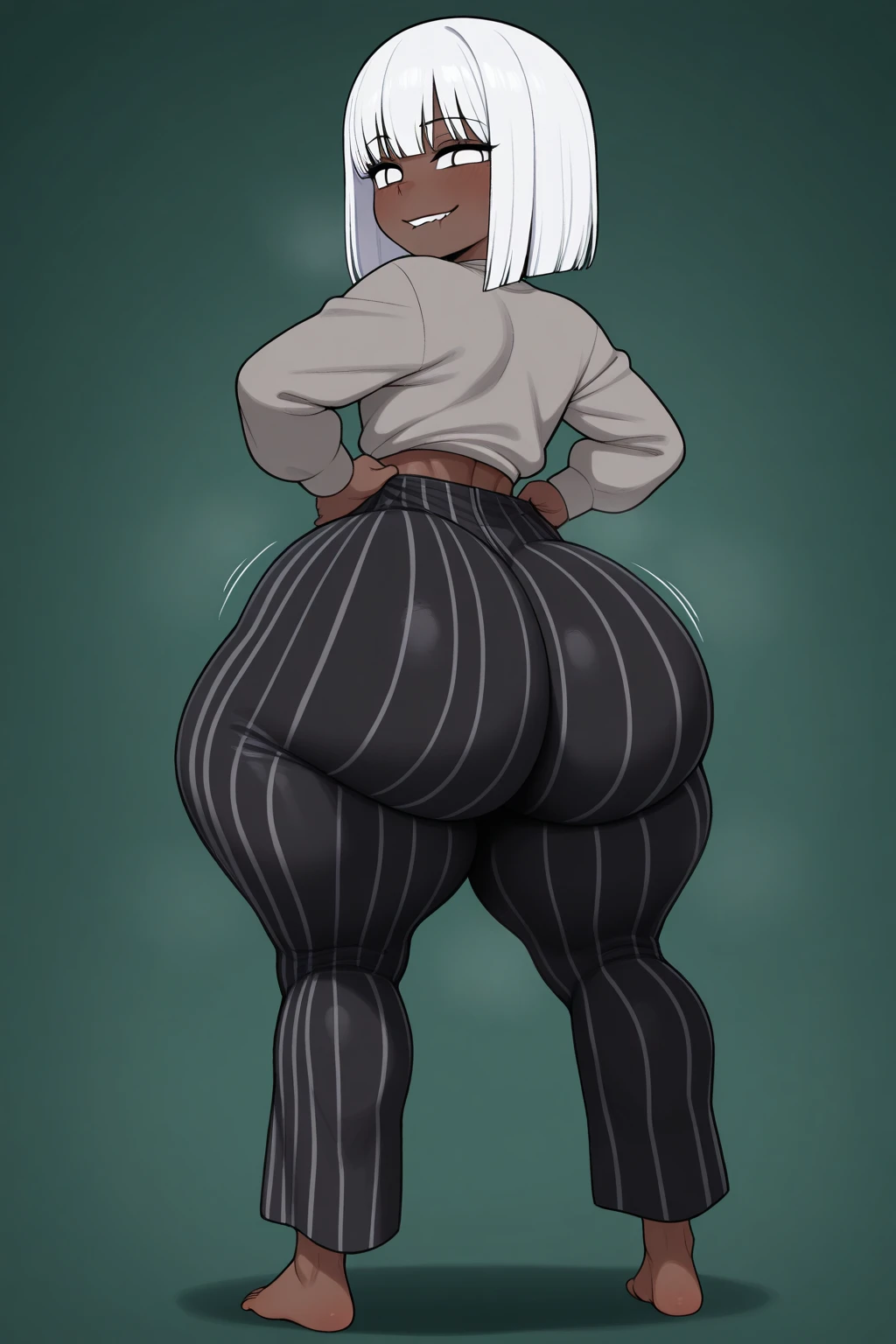 (masterpiece, best quality:2), intricate detail,((beautiful face:1.6)), ((Anatomically accurate:2))
(1boy), (( Femboy)), gauntlets, gray jacket, Purple Shorts,thighhighs, black boots, Beauty mark under each eye, (Dark skin:1.3), Long Purple hair , Copper eyelat chest))
(bottomheavy), ((gigantic ass)), (hyper thighs),(Wide Hips)