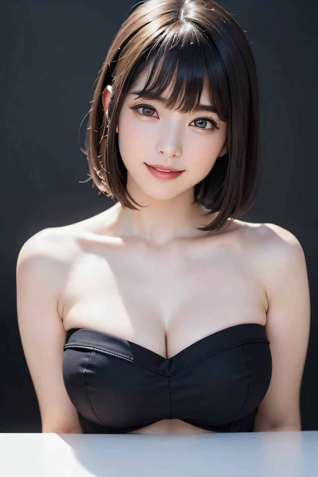 (​masterpiece, top-quality),1girl in, 独奏, hyper realisitic, Photorealistic,realisitic, looking at the viewers, brown eyes of light color:1.4,Brunette short bob hair with highly detailed shiny hair, Winter clothes in bright colors, lepangas:1.4), plein air, a closed mouth, The upper part of the body、big eye、Lashes、{Gigantic|Big|Huge|Mega} breasts:1.4, cleavage:1.4、(((big eye、Short bob hair、Intense highlights of the pupils、gazing at viewer、She is a very beautiful and cute beauty、Put your ears out、long neck、smil、Close your mouth and smil、bangs beautiful teeth)))、Ideal ratio body proportions、（Snow-covered tree-lined streets in Norway in winter）