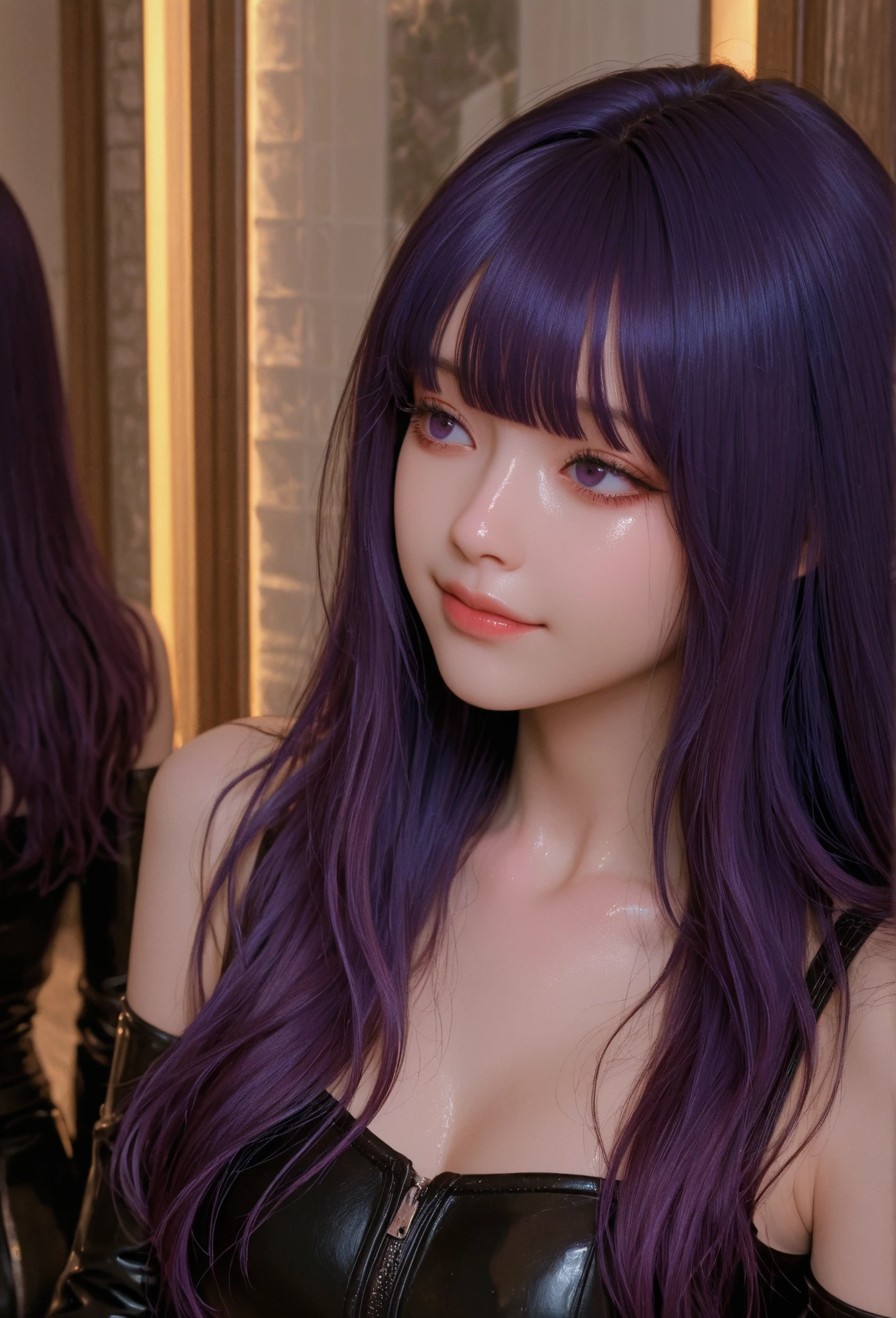 best quality, tmasterpiece,Ultra-high resolution,Clear face,(Reality:1.4),ferpect lighting,(upper body sho), (photorealistic:1.50), anime wallpaper, Guviz style artwork, cover-up fantasy up to magic , by Yang J, Guviz, beautiful artwork illustration, beautiful digital artwork, beautiful digital illustration, Li Song, beautiful anime portrait, art style in Beauvot, 1girl, 独奏, long hair, purple hair, bangs, hair ornament, purple eyes, dress,