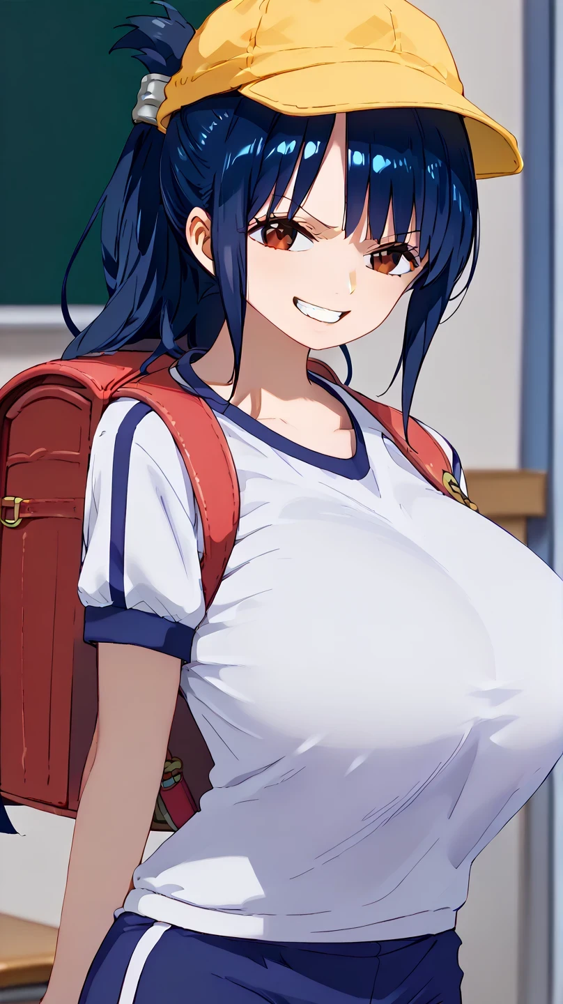 (UHD, retina, masterpiece, accurate, anatomically correct, super detail, high details,      highres, 1080P, 16k:1.3)、 (Tashigi:1.3)、 (red　Eye wear on head、long hair、dark　blue　hair、ponytail、bangs:1.3)、(very gigantic breasts:1.3)、(Shiny skin:1.3)、(Toothy grin:1.3)、(school、Classroom:1.3)、(randoseru,gym uniform,backpack,yellow hat,school hat:1.3)