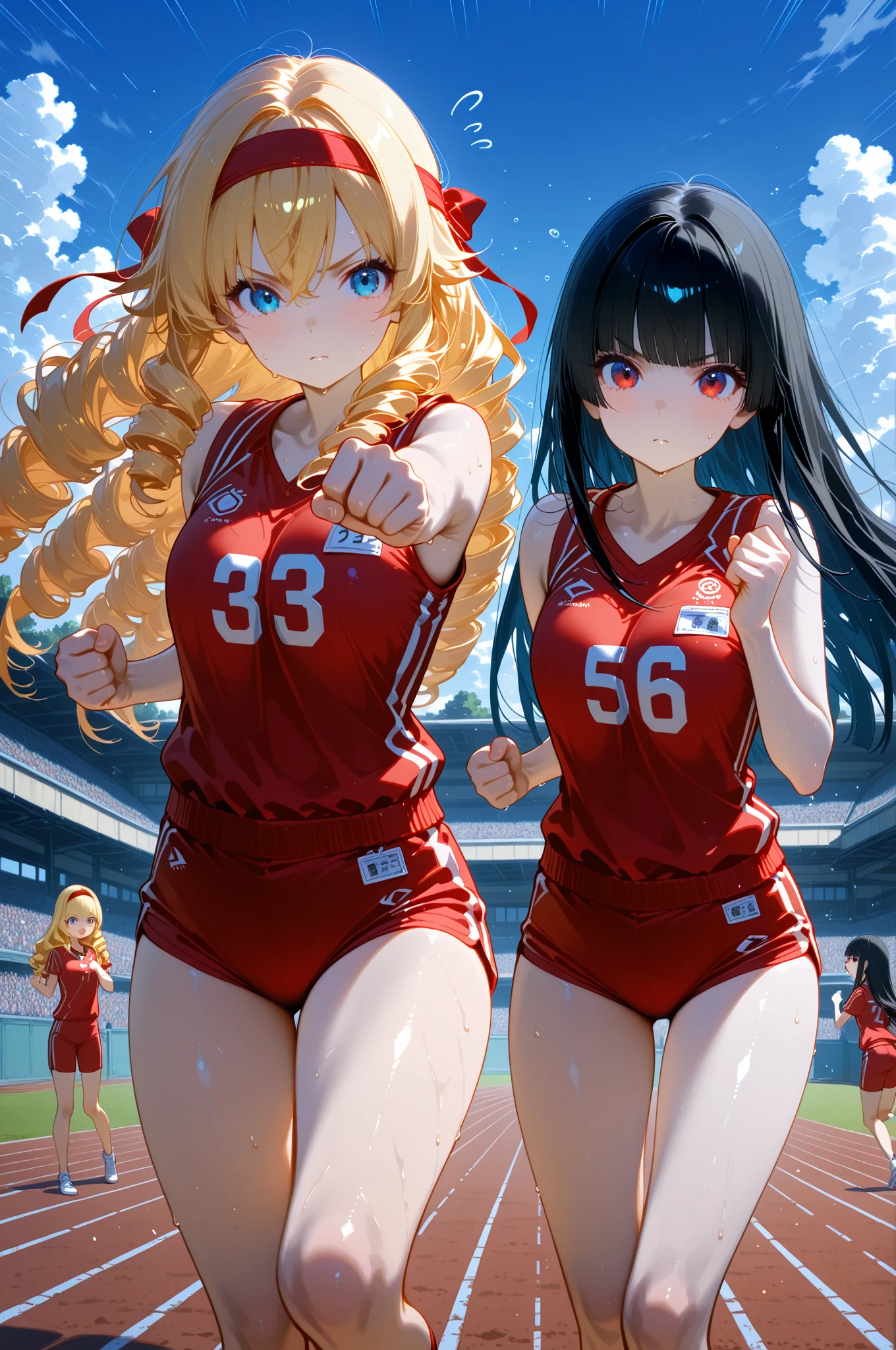 ((highest quality)), ((masterpiece)), (detailed), (Character Focus、breast focus,whole body), (One Girl: 1.1)、Anime 2D Rendering, Realistic young anime woman, Five Fingers, Perfect Face, Beautiful fine details, Beautiful body, Beautiful thighs, Beautiful feet, White beautiful skin, Baby Face、 16-year-old girl、 Golden Hair、(ponytail), Sparkling blue eyes、double eyelid、 ((Racing Bra、Racing Bloomers))、 smile、((Grin))、可愛い顔と魅惑的なsmile，Turn your face and body towards the viewer、Sexy pose、Are standing、Athletics Stadium