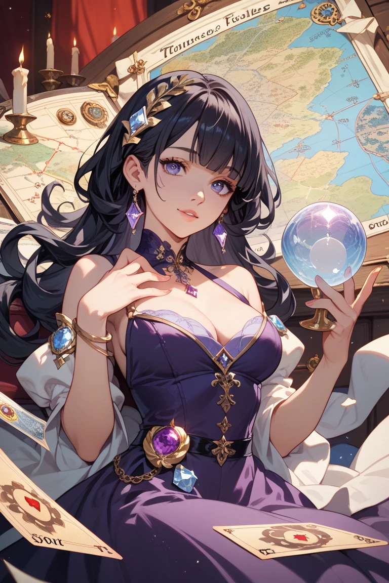 Belly dance、(((veils)))、((crystal ball))、astrologer、(((tarot cards))), (masutepiece:1.4), (top-quality:1.4), Ultra high definition, max resolution, Very detailed, Professional Lighting, One girl sit on sofa, slender, Very cute, Young Face, ((long twintail))、((bleu hair)), Pink and white dress, Golden decoration, (Sheer clothes: 1.1), Blue eyes, Opening Mouth、candle、Atmospheric light, from above