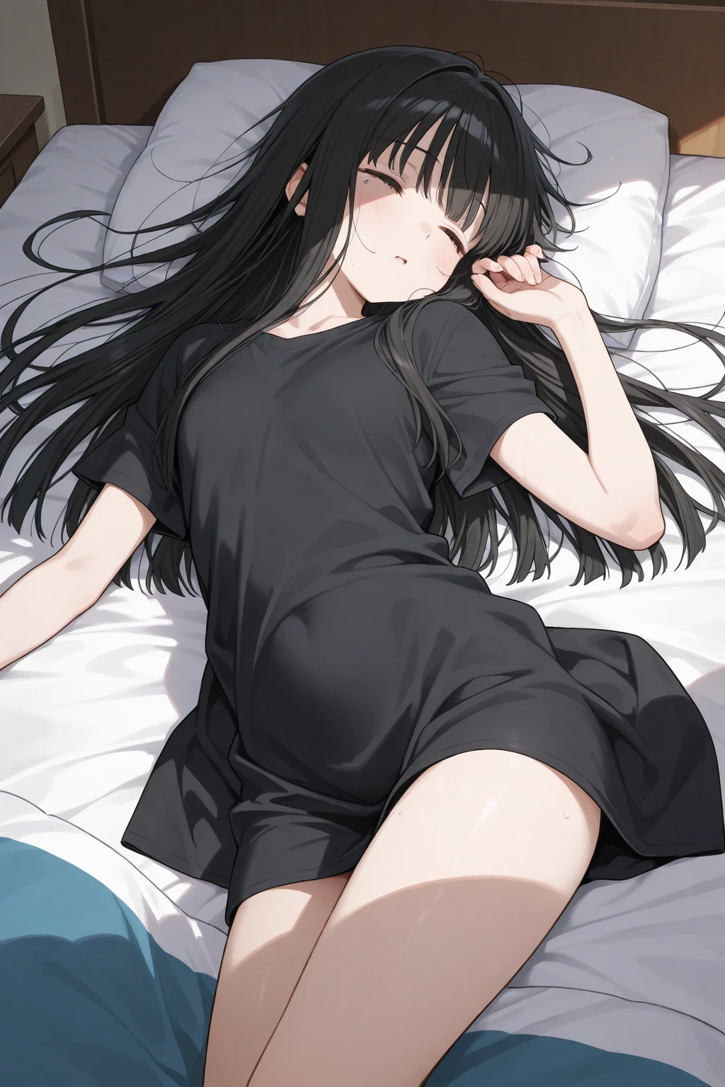 16k,1girl,12歳,very cute,black hair,twintail,(((thin twintail))),long hair,black eyes,nude,small breast,white background,blush,:o,lying on back,bed , ((nipple slip from t-shirt,clothed)),(((nipple focus))),pov,from front,(nsfw)
