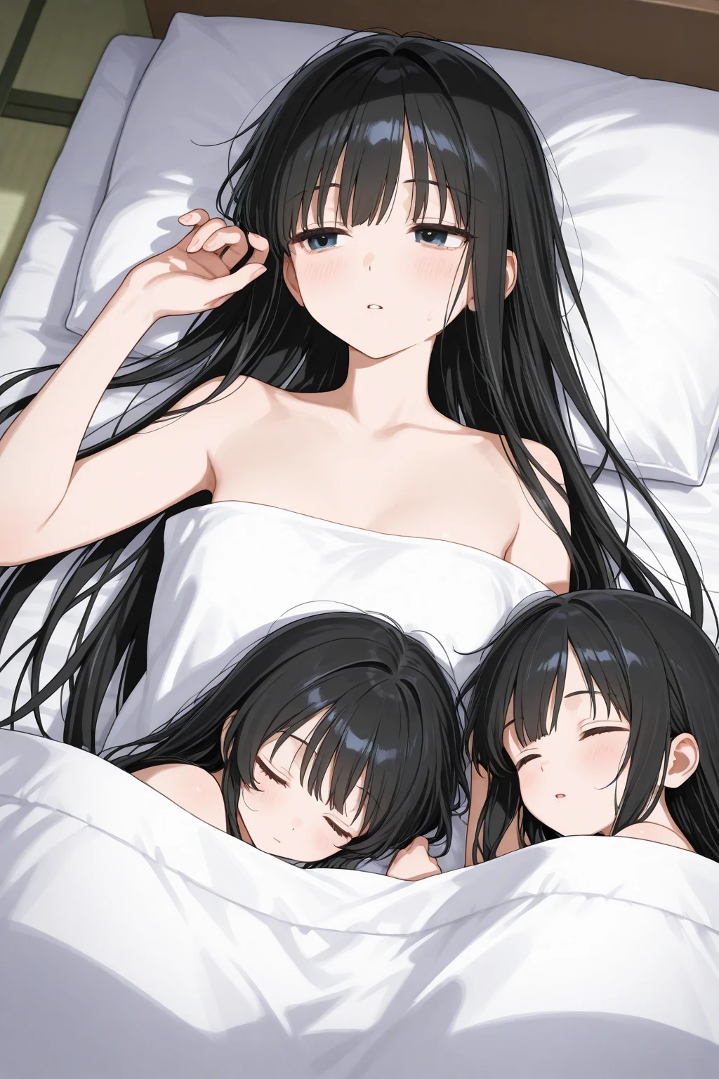 an image of five naked girls slaves on a white pillow next to nude male body, dark skin, dark-skinned female,SLAVE COLLAR , multiple girls, breasts, nipples, arm behind head, armpits, nude, long hair, black hair, covering crotch, lying, 5girls, looking at viewer, pillow, blue eyes, navel, on back, arm up, barefoot, covering, arms behind head, choker, on bed, medium breasts, blush, completely nude, take your pick