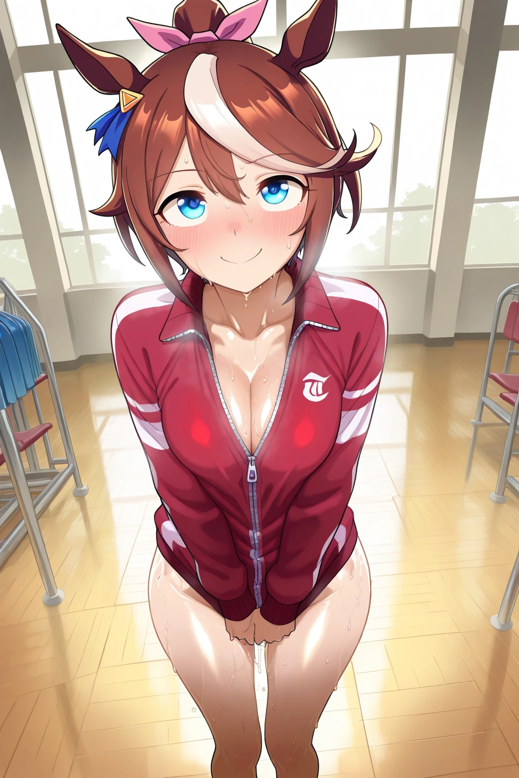 android, beautiful robot makes hard masturbation, she gets orgasms. Her short pigtails, brown hair, Hair tie with two big red clothespins, big smile, brown hair, middle age, joint seam, blue eyes, full body figure, Height: 160cm, Light beige micro mini one-piece dress, fluttering skirt, skirt folds, white retro swimwear, Uplifting, 2020s anime style, 21thcentury japan animation, show White pantie, strong wind is blowing.