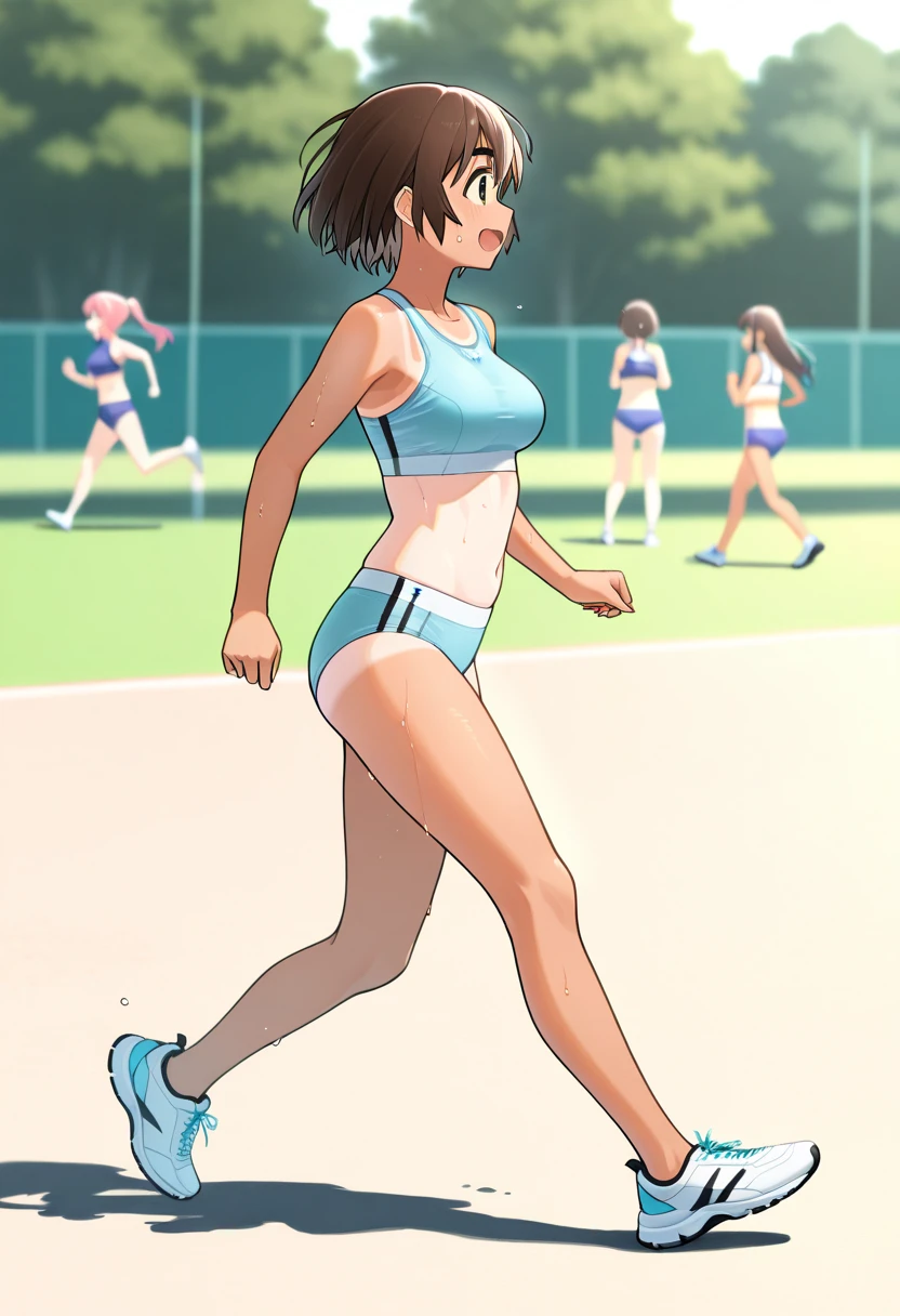 NSFW,((highest quality)), (masterpiece: 1.2), very detailed,(perfect and beautiful posture:1.2),(Solo,mature man),(short cut hair),(flat chest:1.4), ((confused,embarrassed and blush:1.3)), shyness:1.1, (Sweaty, sunburned skin:1.4), (tight Sports White bra, tight blue sporty shorts:1.3),(erect nipples:0.3),navel out, ((stand upright:1.5)),earrings,necklace,lips, steaming body, show teeth,midriff,At midnight,outside, black long socks,skneakers,thick red lips,drooling,excessive cum,skinny,outdoor,navel out,(tight thigts,legs crossed),heavy breathing,looking at viewer,mouth open a little,(chubby),tears,slit,((in the crowded Night park))