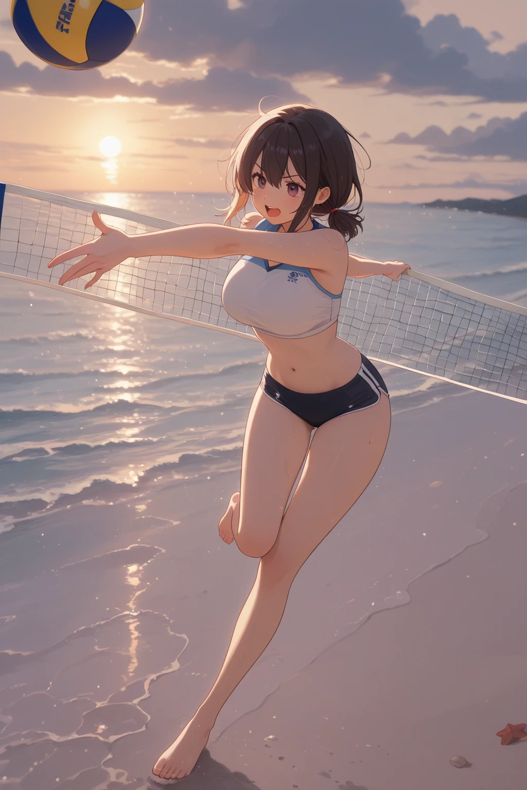 (top-quality、in 8K、32K、masterpiece、high resolution、Impresionismo、Photorealsitic:1.2)、Full body、Volleyball Court、beauitful face、blurry backround、16-year-old beautiful girl、shinny skin、bob cuts、Beautiful black hair、Red Eyes、(all nude:1.7)、(dynamicposes:1.2、jump:1.4)、(front facing:1.3)