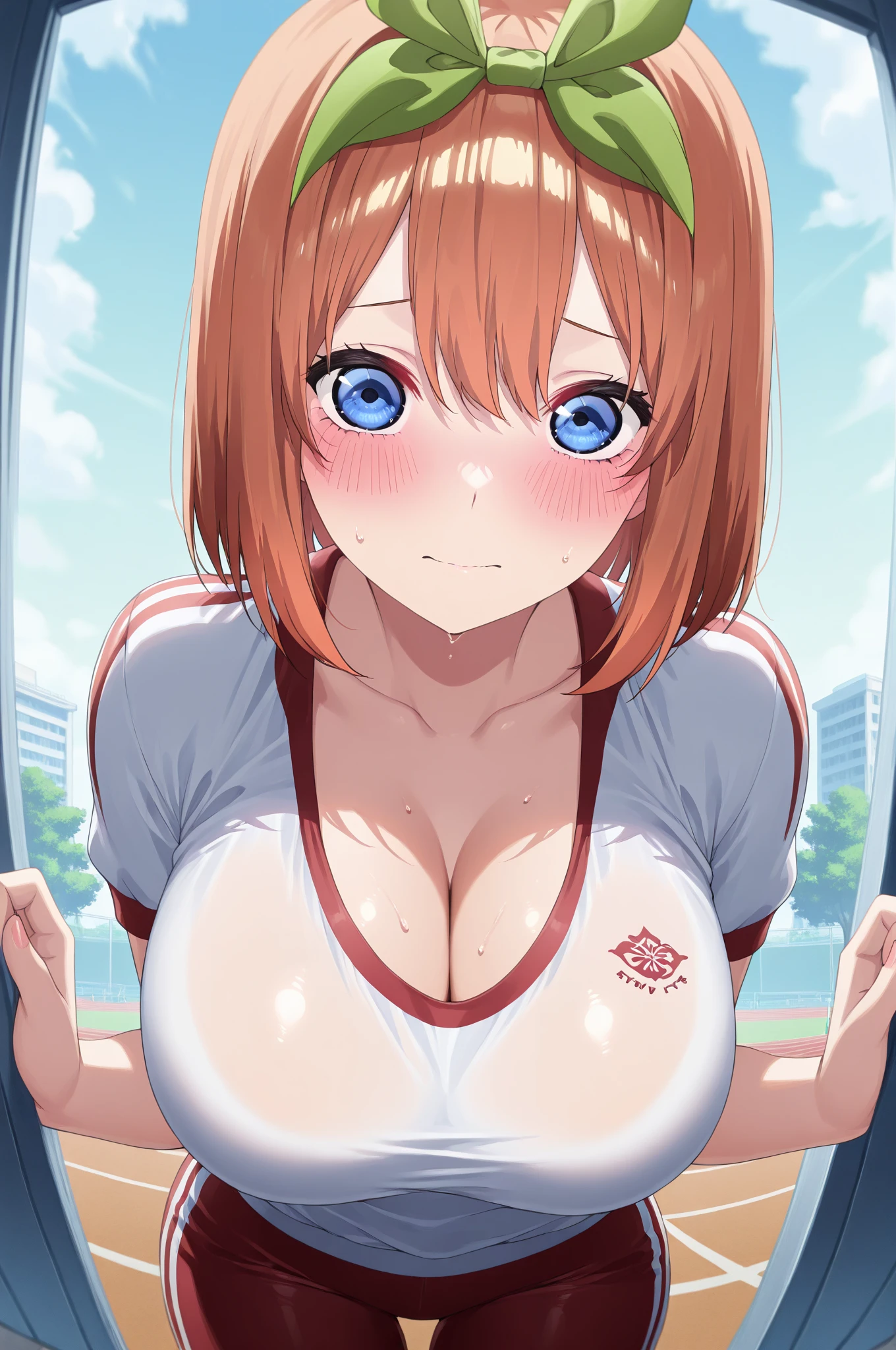 mastute piece,Best Quality,insanely detailed,8k cg,nsfw,
(shoot upper body:1.3),
(1girls:1.3),standing,looking at viewr,body in front,both arms behind back,(serafuku:1.3,baseballcap),(bare breasts:1.1),(bare nipples:1.1),
break,
blush,shy,(ecstasy face),(trembling:1.2),break,(light red hair:1.2),
break,
perfect breasts,perfect teats,(open mouth:0.9),(large breasts:1.2),
(stadium),