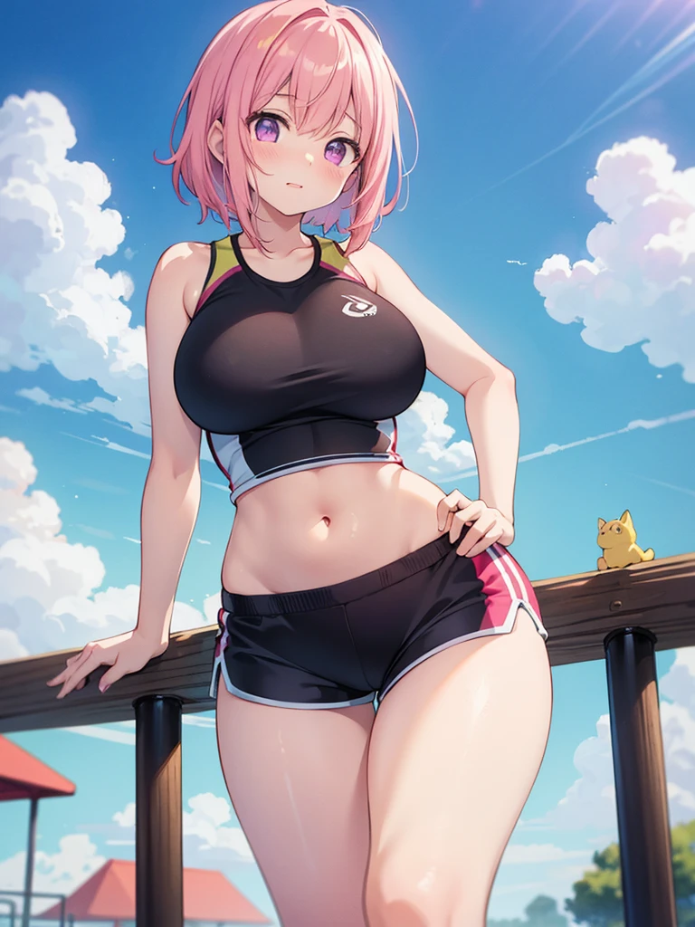 (Sweat, White skin:1.5、Light gray sports bra, Black stained clothing:1.5), cameltoe, Brand logo on the bra, Fitness, Bodybuilding Poses, ((ブラにSweat染み:1.5, Sweatで濡れている, Sweat染み, black sblot on グレースポーツブラ:1.5)),Big Breasts, Sturdy body