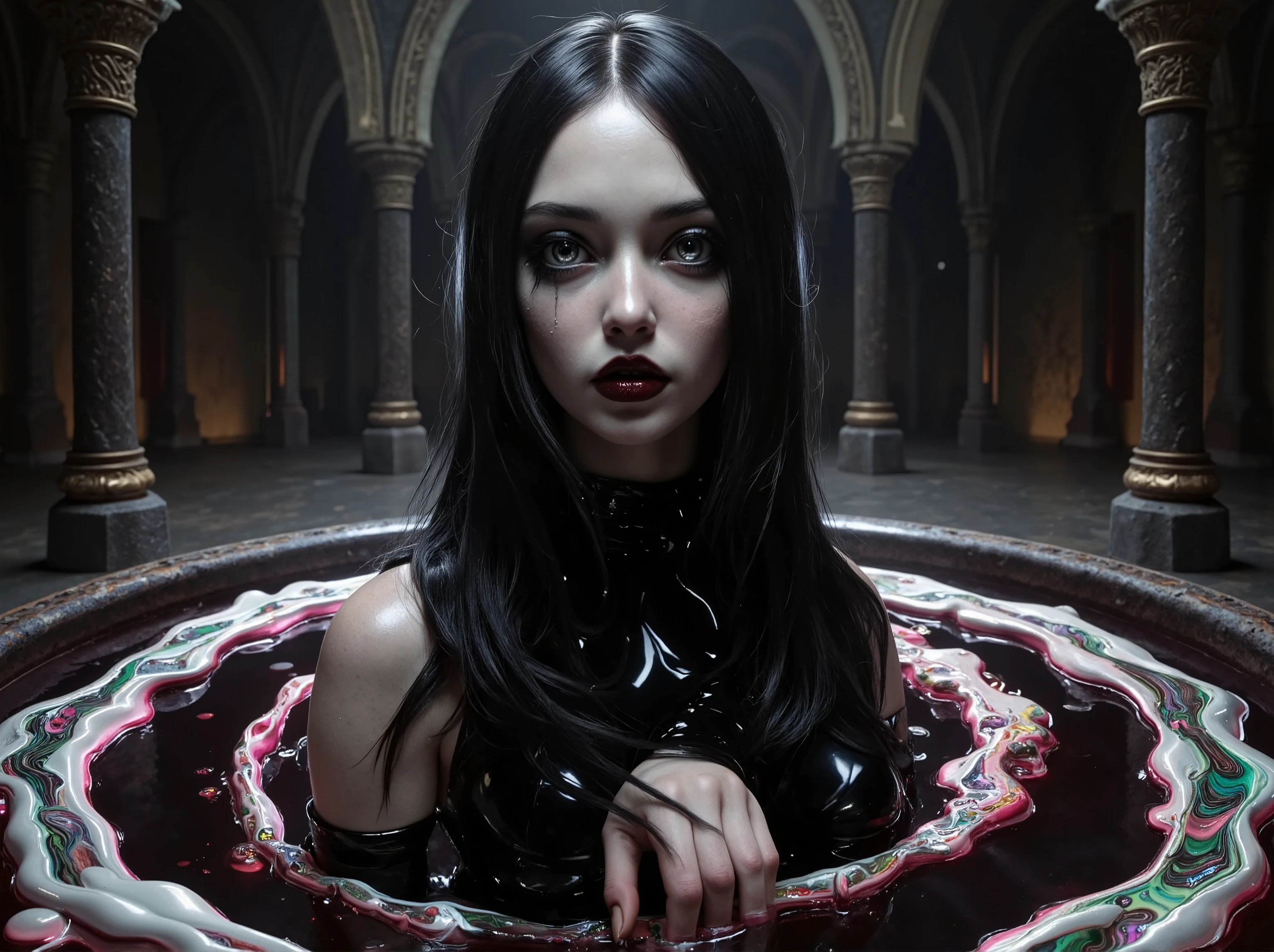 An extremely attractive gothic-style woman, detailed facial features, piercing eyes, pale skin, dark makeup, long flowing black hair, elegant posture, hypersensual expression, liquid chromatic spiraling circle below her, swirling vortex, dark moody environment, atmospheric lighting, dramatic shadows, intricate gothic architecture, textured surfaces, ornate decor, masterpiece, high resolution, ultra-realistic, photorealistic, spiraling vortex, physically-based rendering, dark fantasy, chiaroscuro lighting